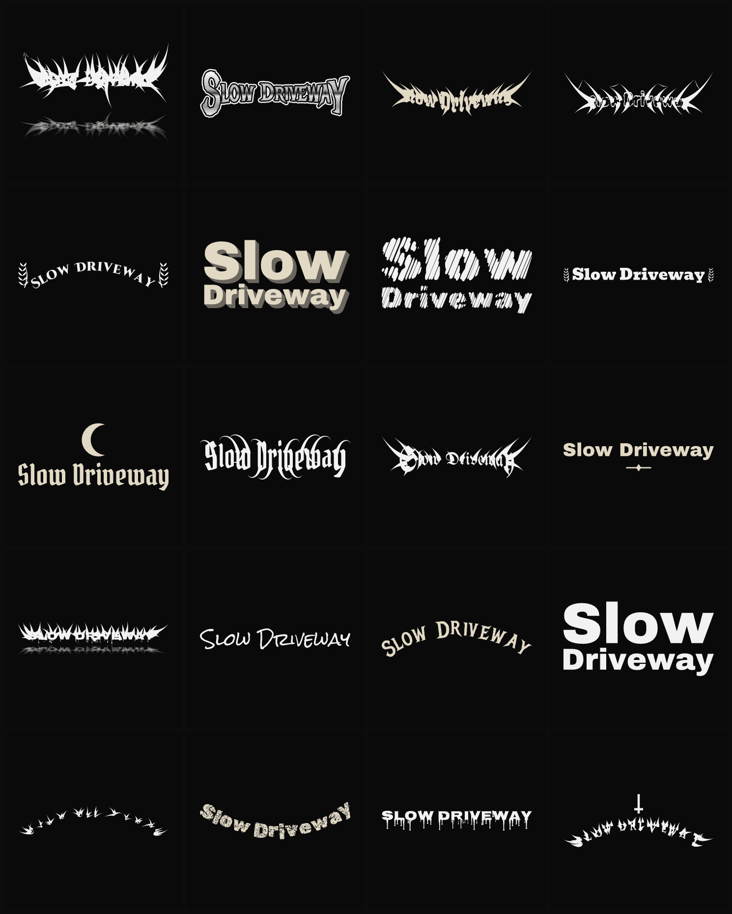 Twenty Slow Driveway band logo ideas — different faces, treatments and spike settings