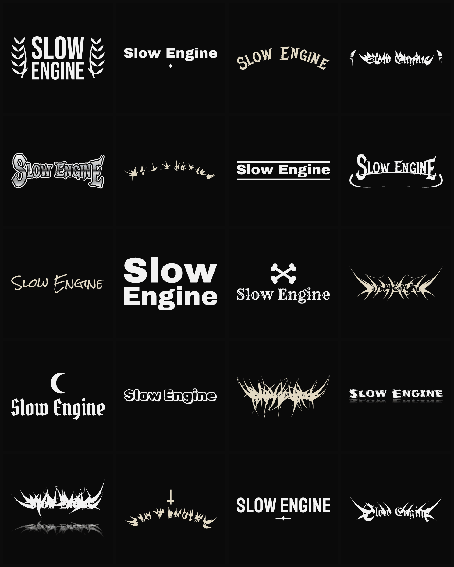 Twenty Slow Engine band logo ideas — different faces, treatments and spike settings
