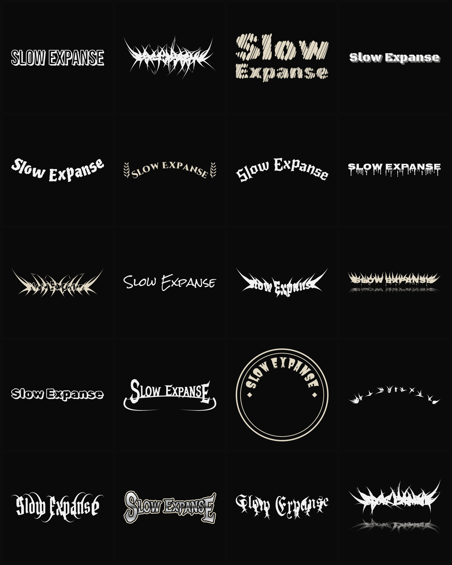 Twenty Slow Expanse band logo ideas — different faces, treatments and spike settings