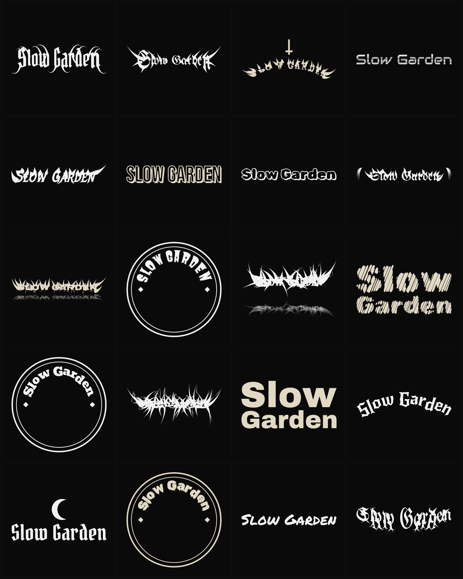 Twenty Slow Garden band logo ideas — different faces, treatments and spike settings