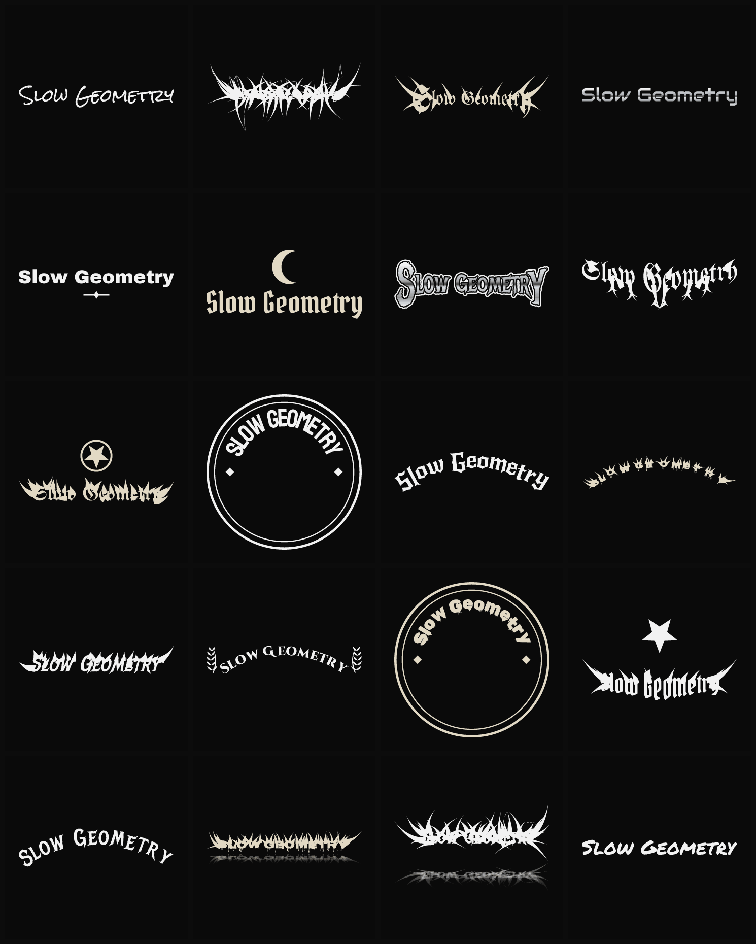 Twenty Slow Geometry band logo ideas — different faces, treatments and spike settings