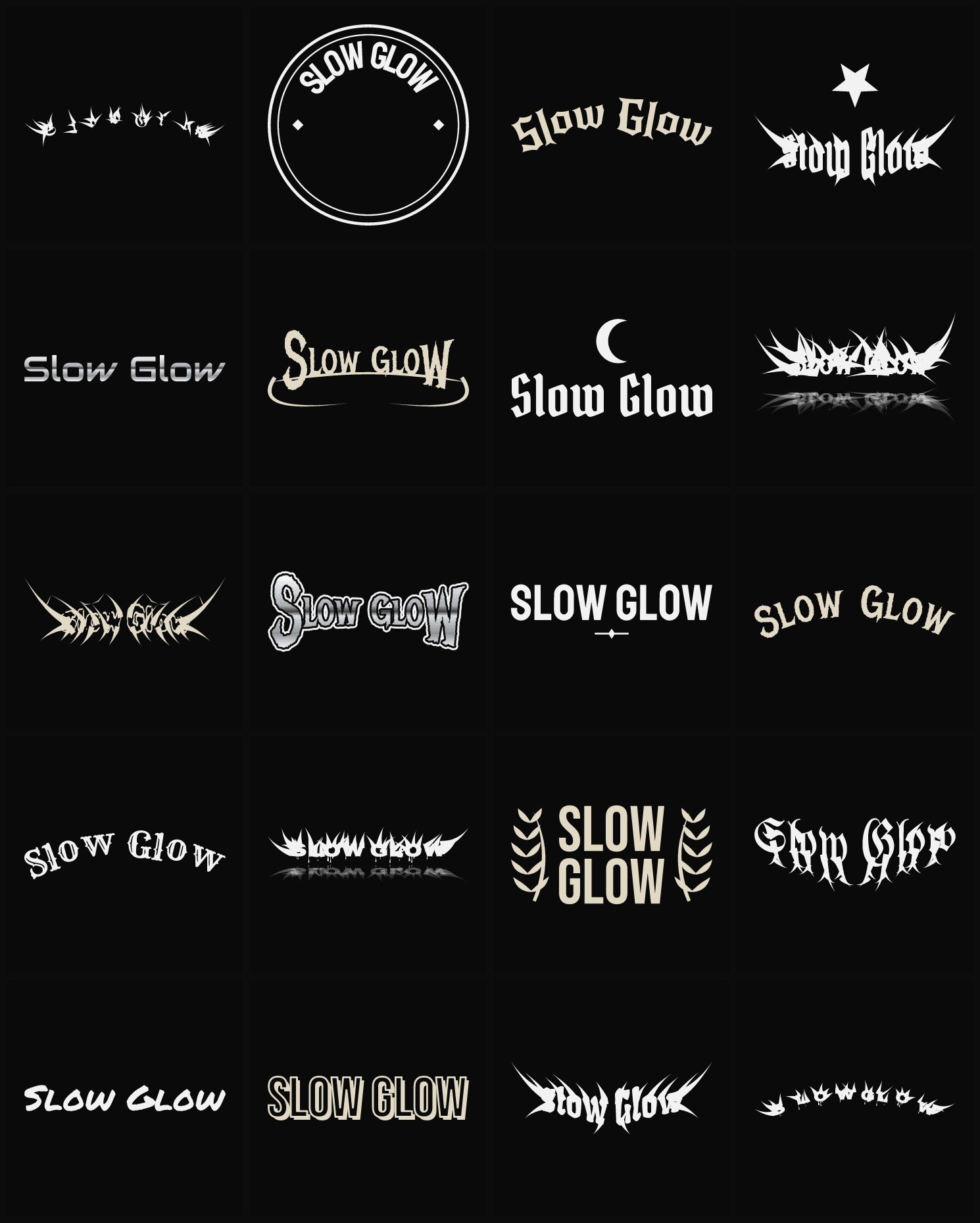 Twenty Slow Glow band logo ideas — different faces, treatments and spike settings