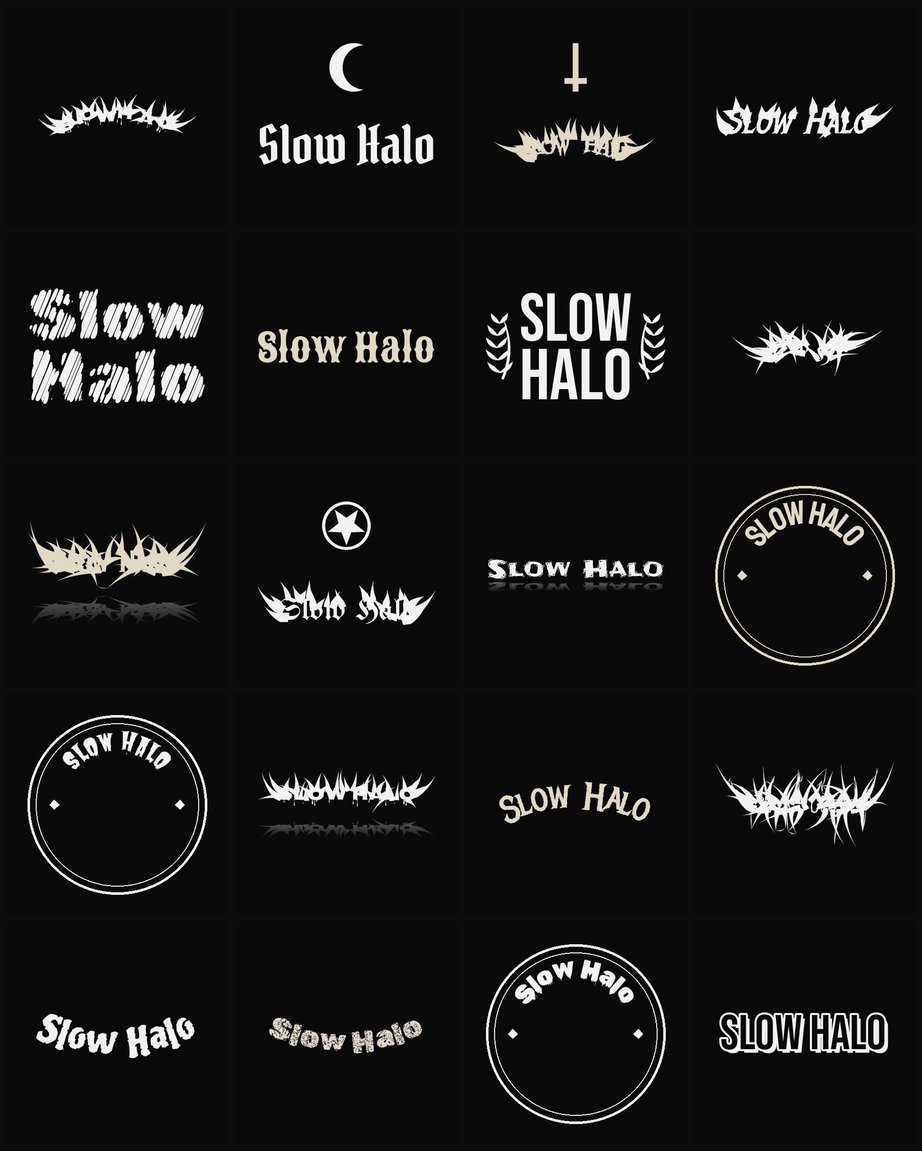 Twenty Slow Halo band logo ideas — different faces, treatments and spike settings