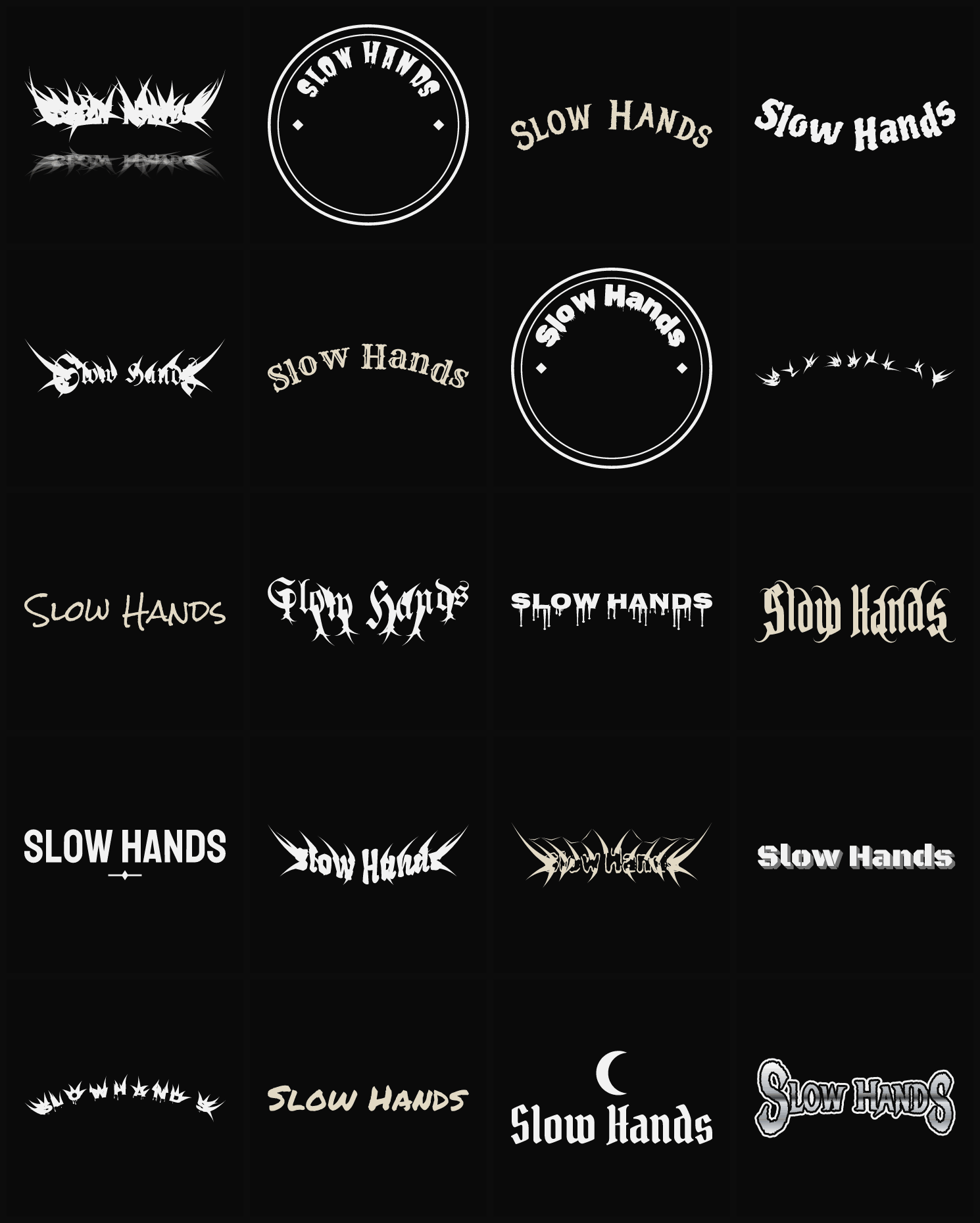 Twenty Slow Hands band logo ideas — different faces, treatments and spike settings