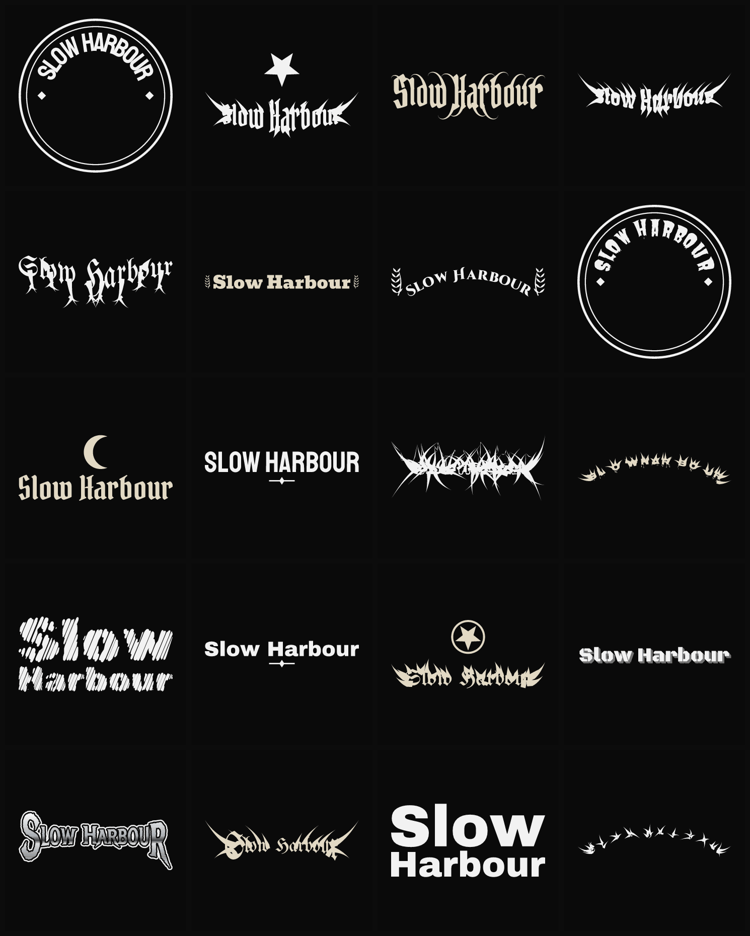 Twenty Slow Harbour band logo ideas — different faces, treatments and spike settings