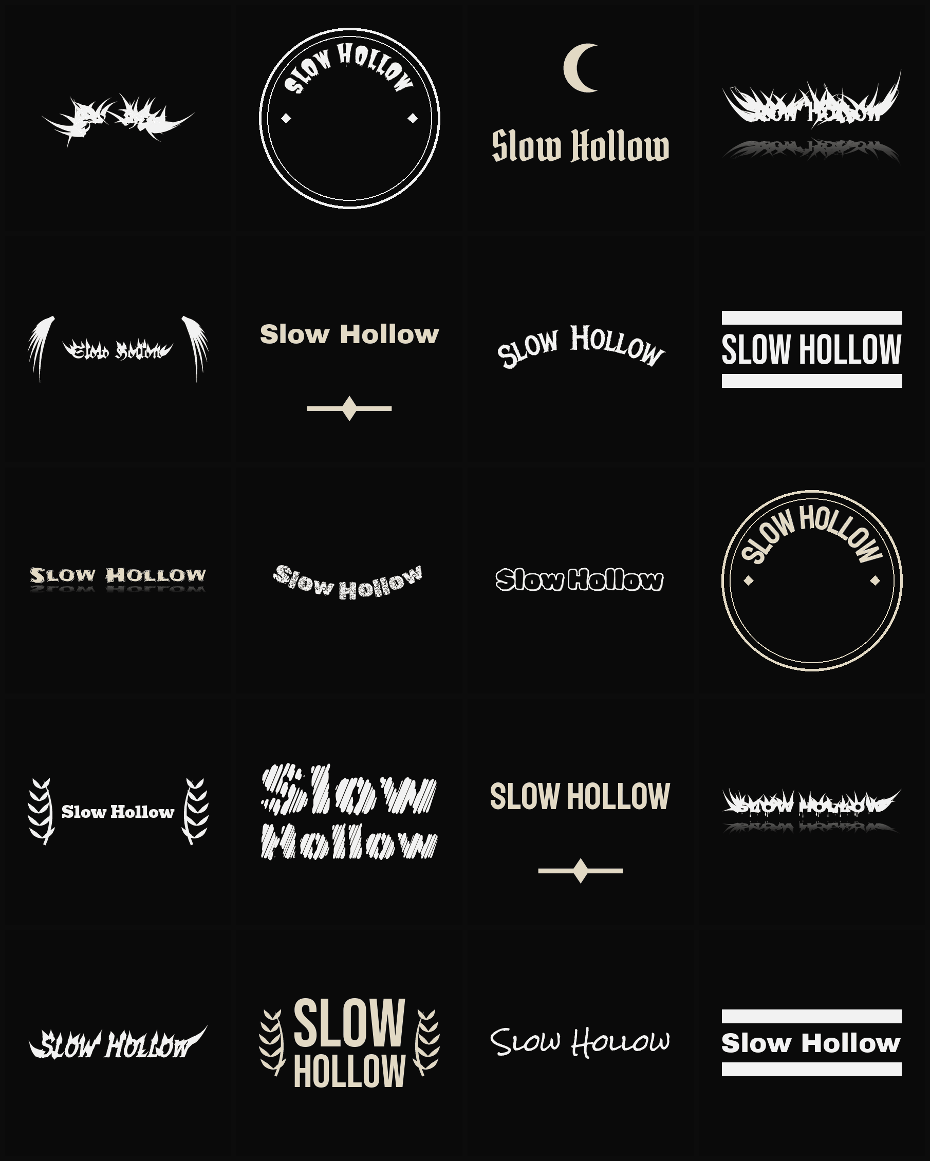 Twenty Slow Hollow band logo ideas — different faces, treatments and spike settings