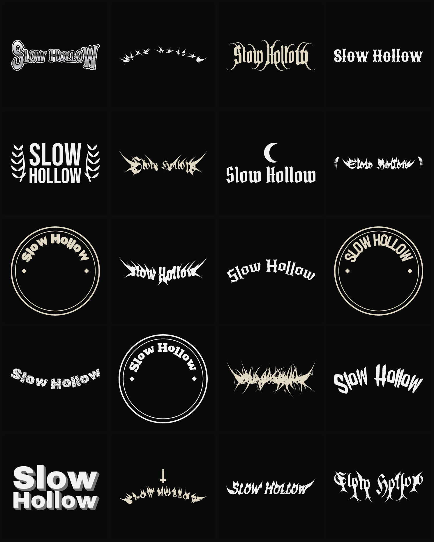 Twenty Slow Hollow band logo ideas — different faces, treatments and spike settings
