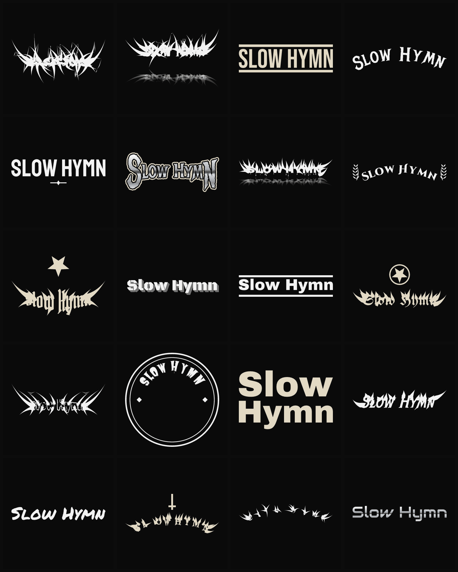 Twenty Slow Hymn band logo ideas — different faces, treatments and spike settings