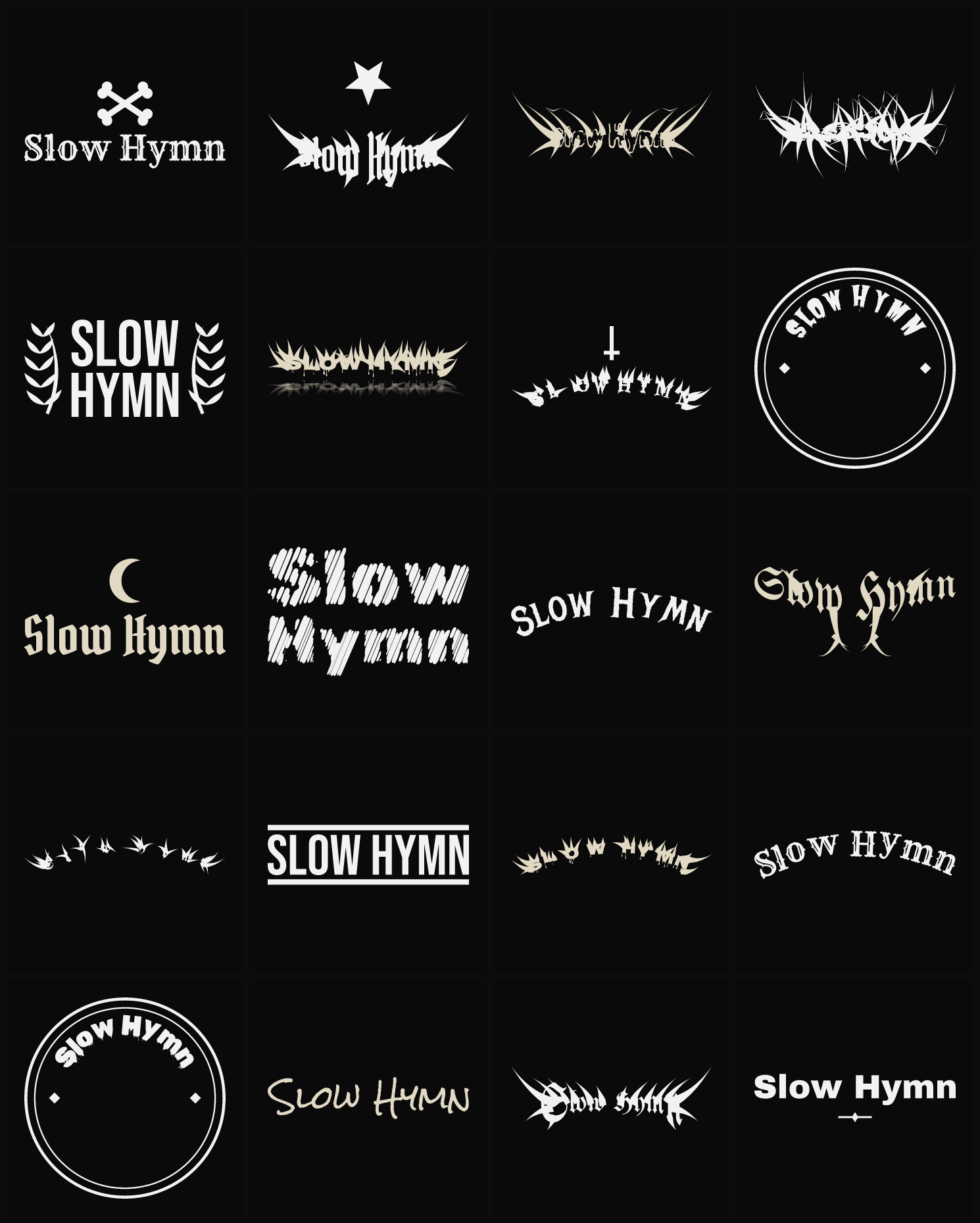 Twenty Slow Hymn band logo ideas — different faces, treatments and spike settings