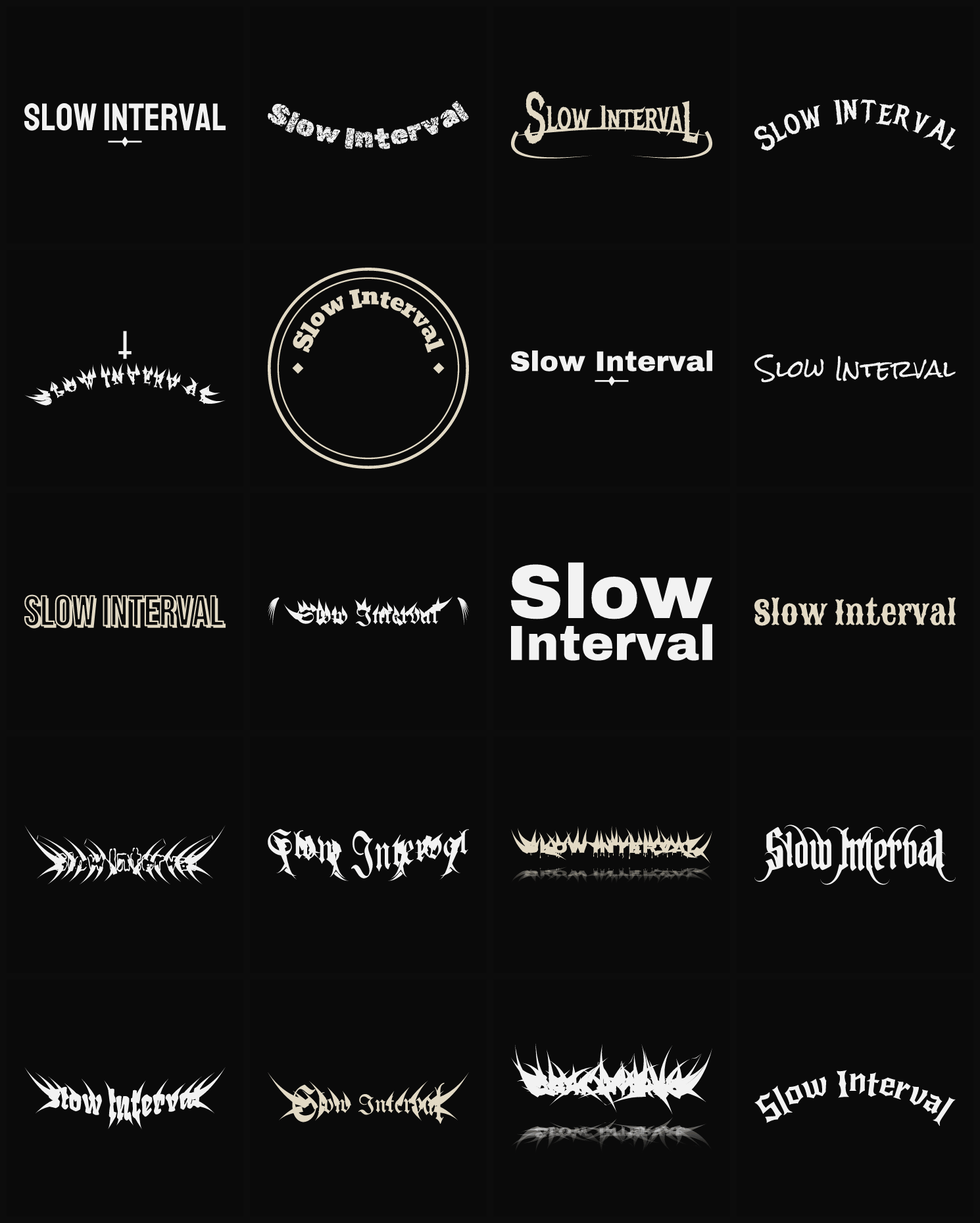 Twenty Slow Interval band logo ideas — different faces, treatments and spike settings