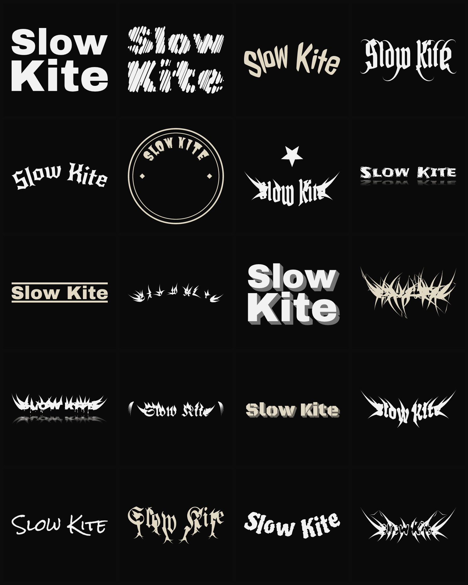 Twenty Slow Kite band logo ideas — different faces, treatments and spike settings