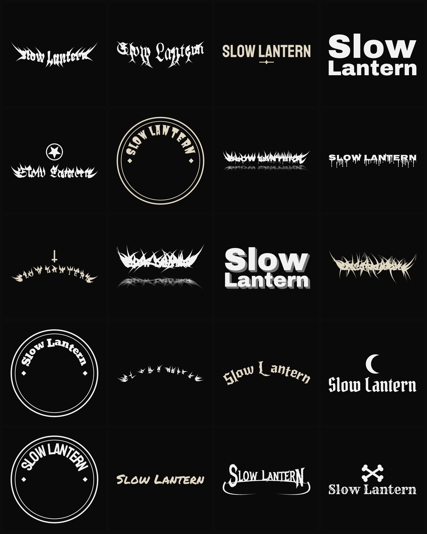 Twenty Slow Lantern band logo ideas — different faces, treatments and spike settings