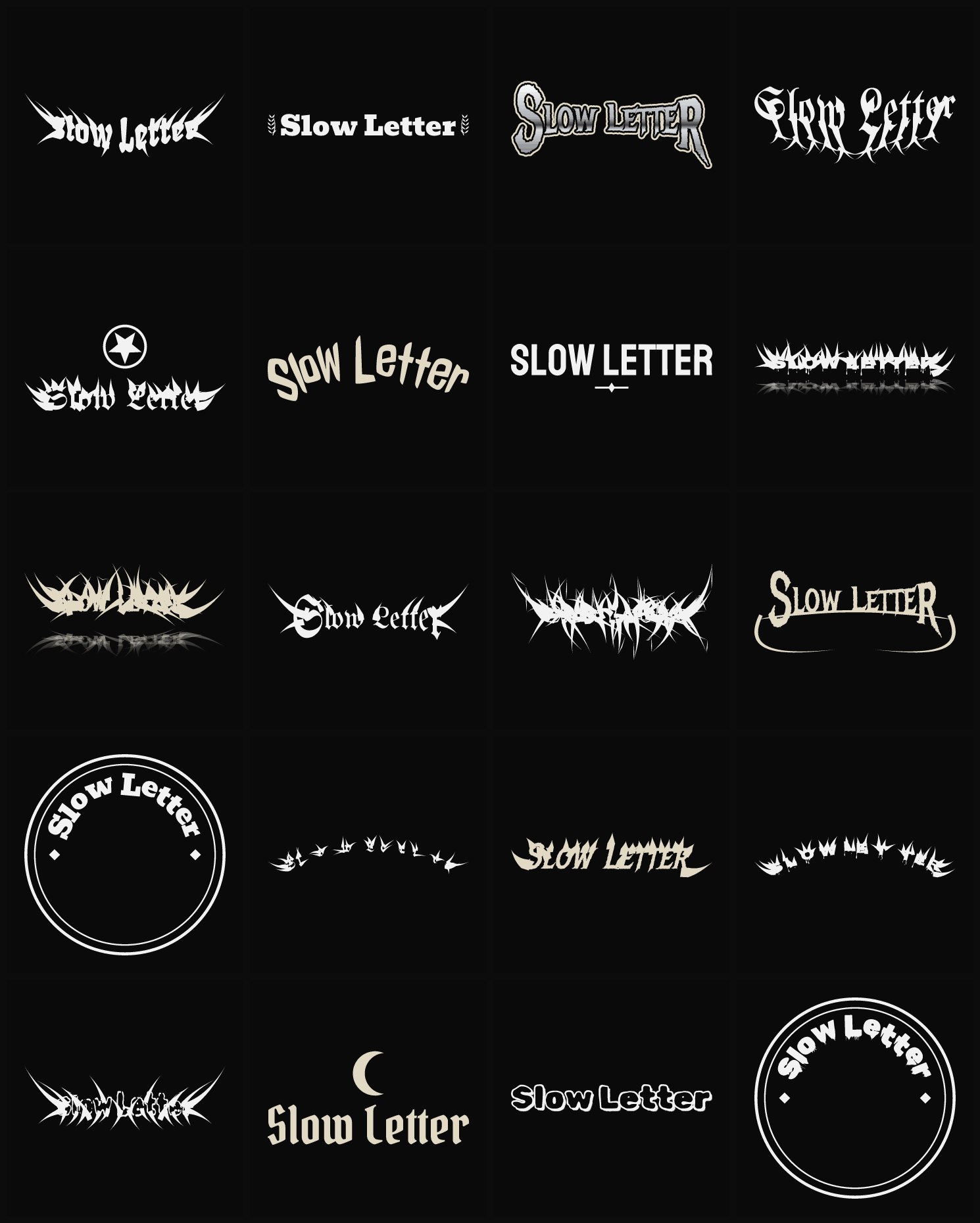 Twenty Slow Letter band logo ideas — different faces, treatments and spike settings