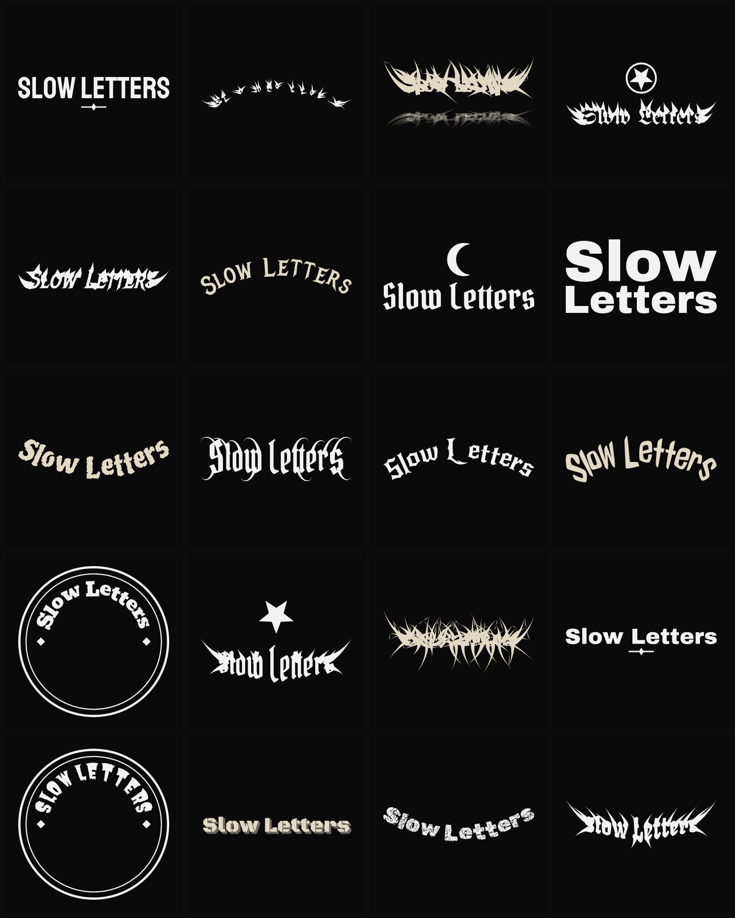 Twenty Slow Letters band logo ideas — different faces, treatments and spike settings