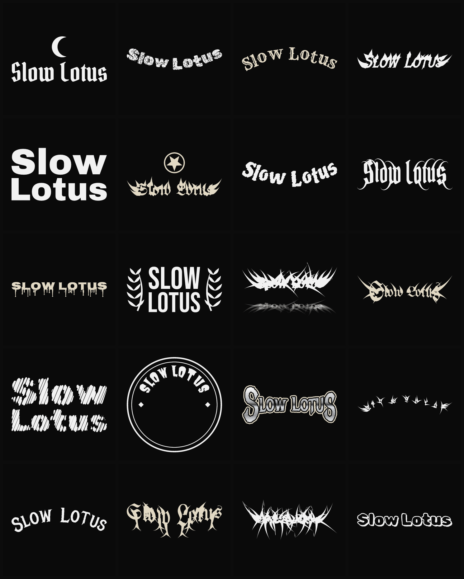 Twenty Slow Lotus band logo ideas — different faces, treatments and spike settings