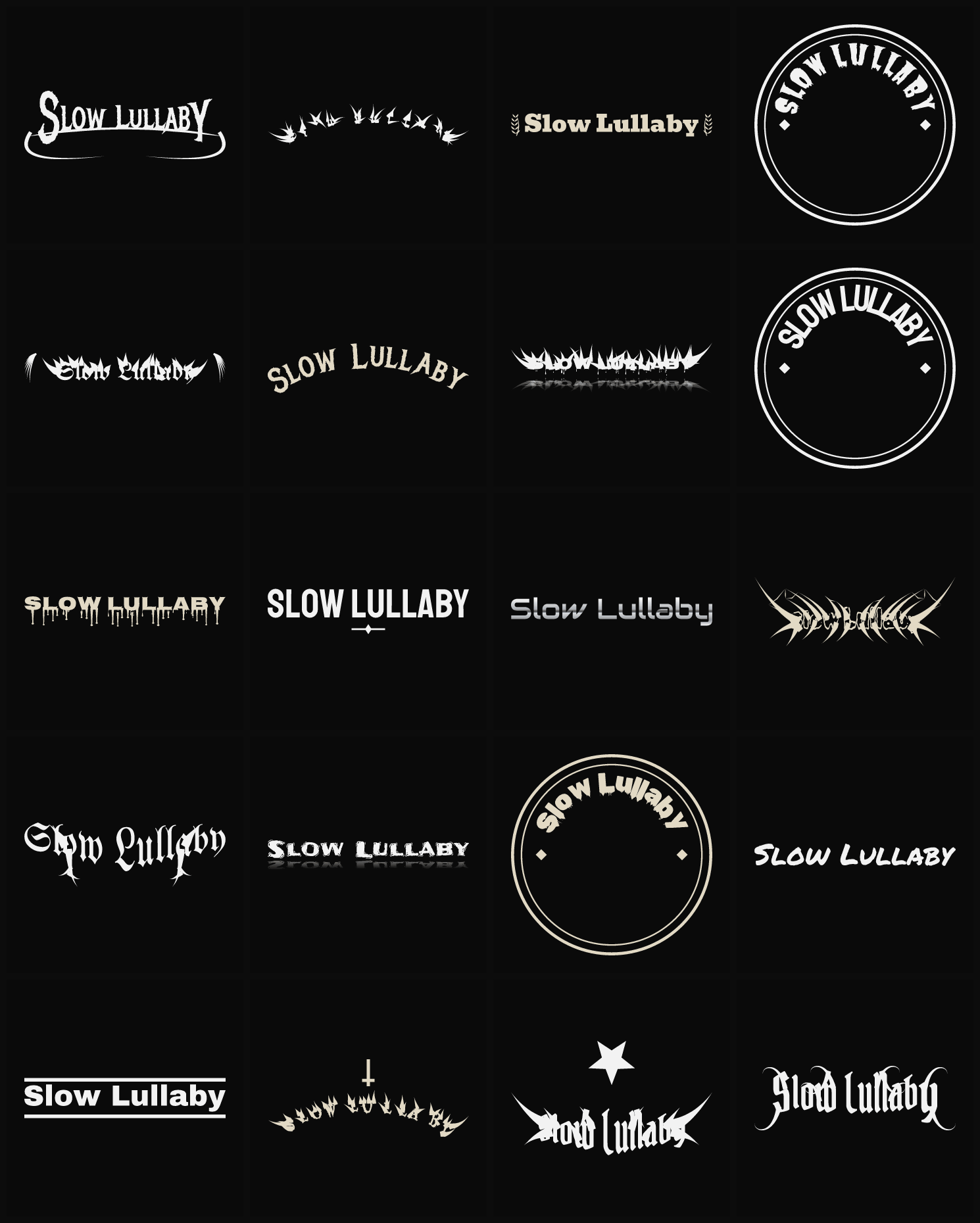 Twenty Slow Lullaby band logo ideas — different faces, treatments and spike settings