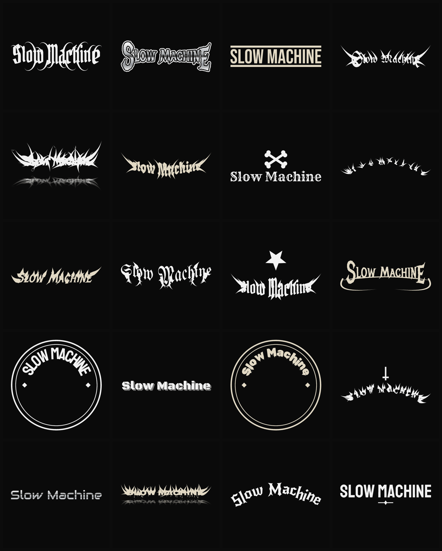 Twenty Slow Machine band logo ideas — different faces, treatments and spike settings