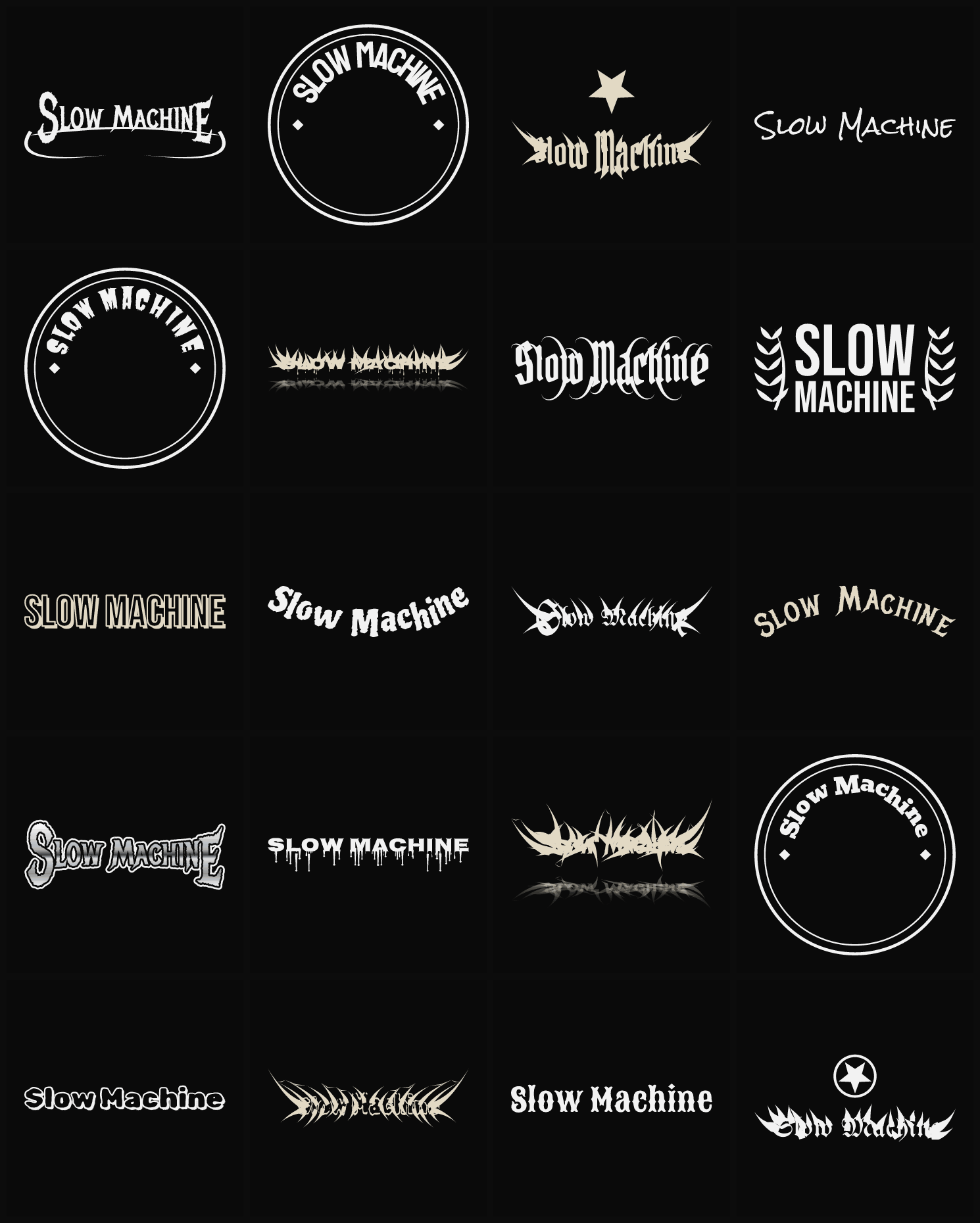 Twenty Slow Machine band logo ideas — different faces, treatments and spike settings