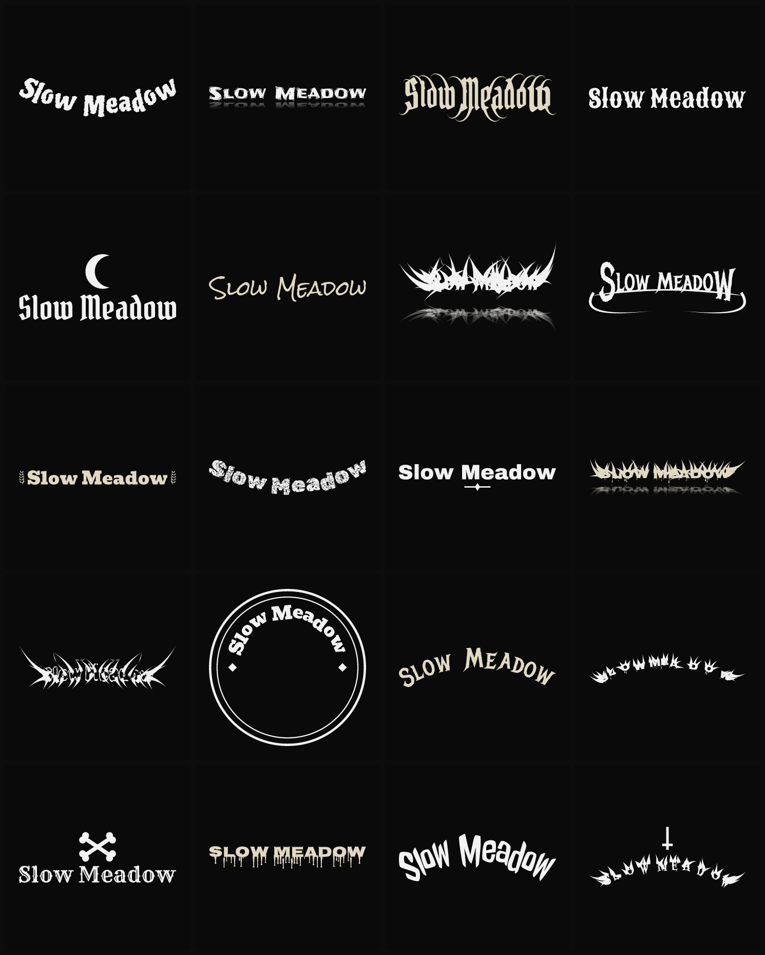 Twenty Slow Meadow band logo ideas — different faces, treatments and spike settings