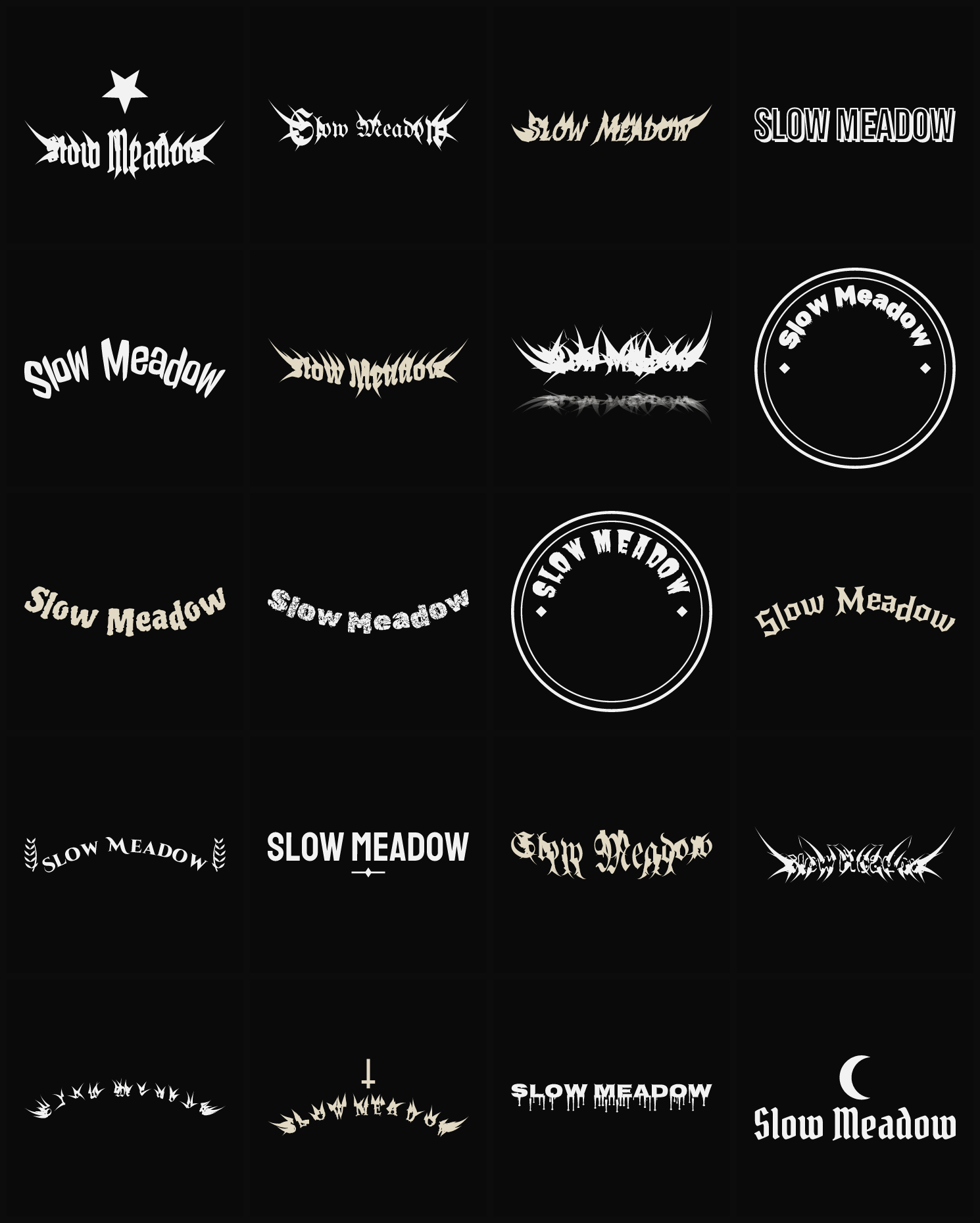 Twenty Slow Meadow band logo ideas — different faces, treatments and spike settings
