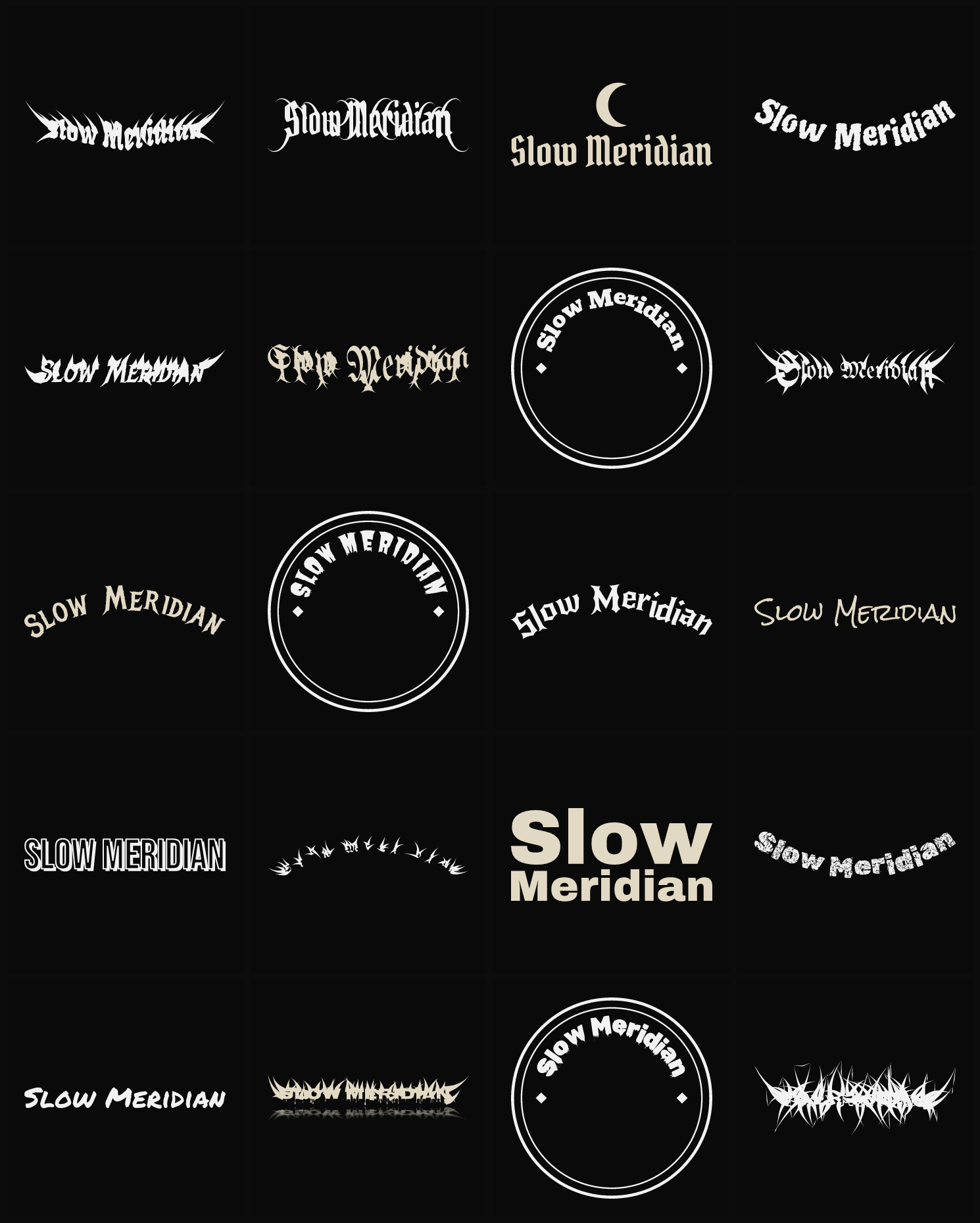 Twenty Slow Meridian band logo ideas — different faces, treatments and spike settings