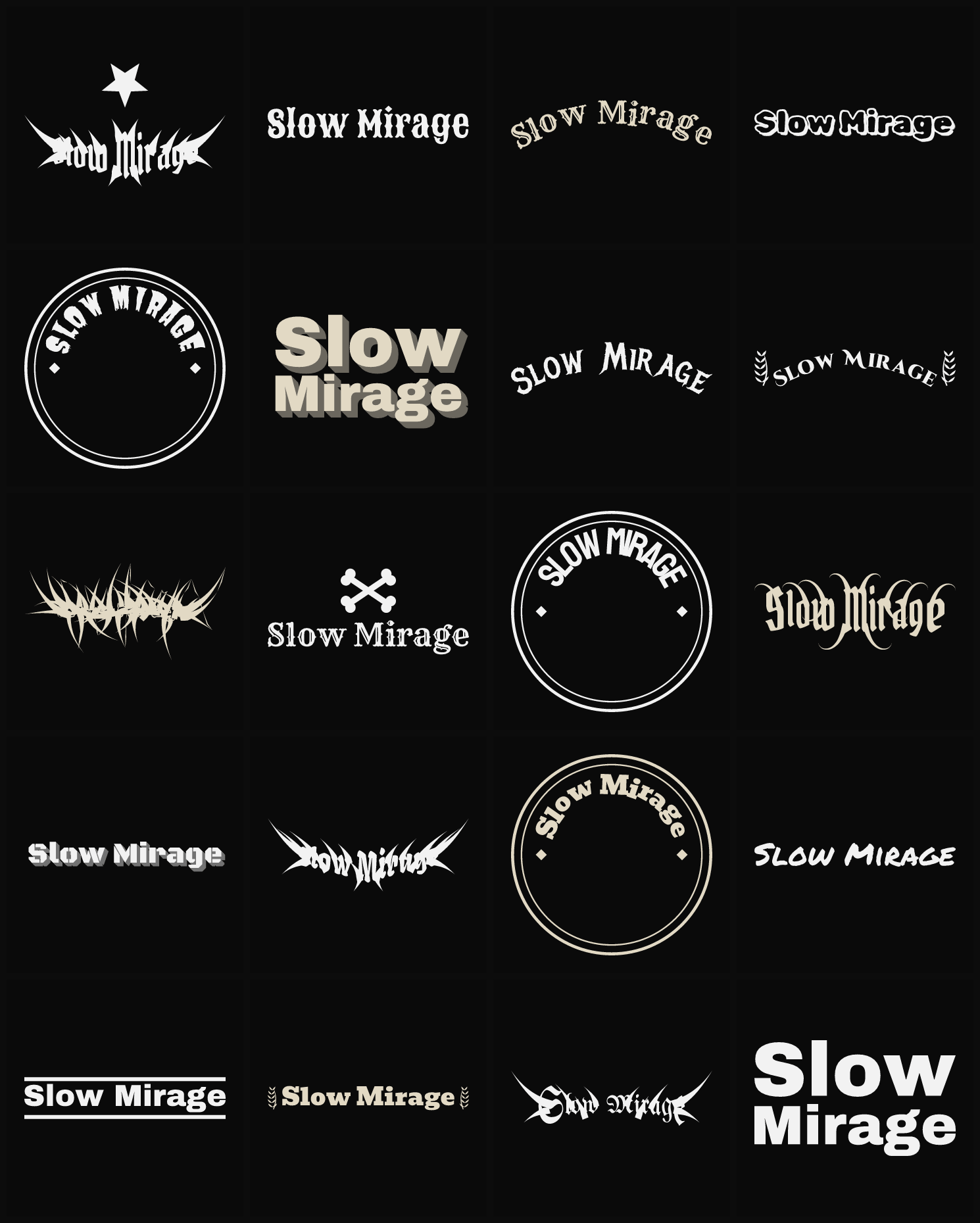 Twenty Slow Mirage band logo ideas — different faces, treatments and spike settings