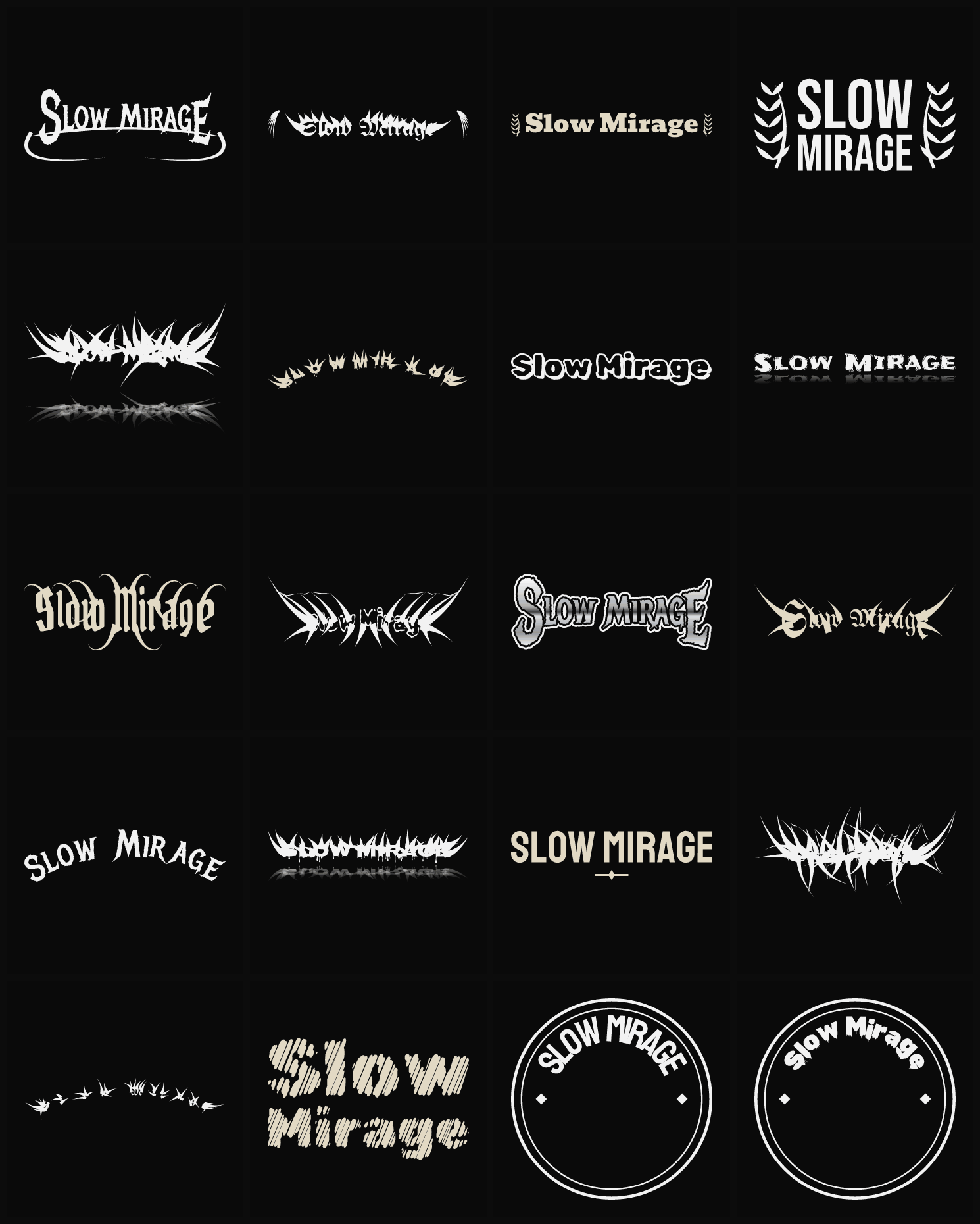 Twenty Slow Mirage band logo ideas — different faces, treatments and spike settings