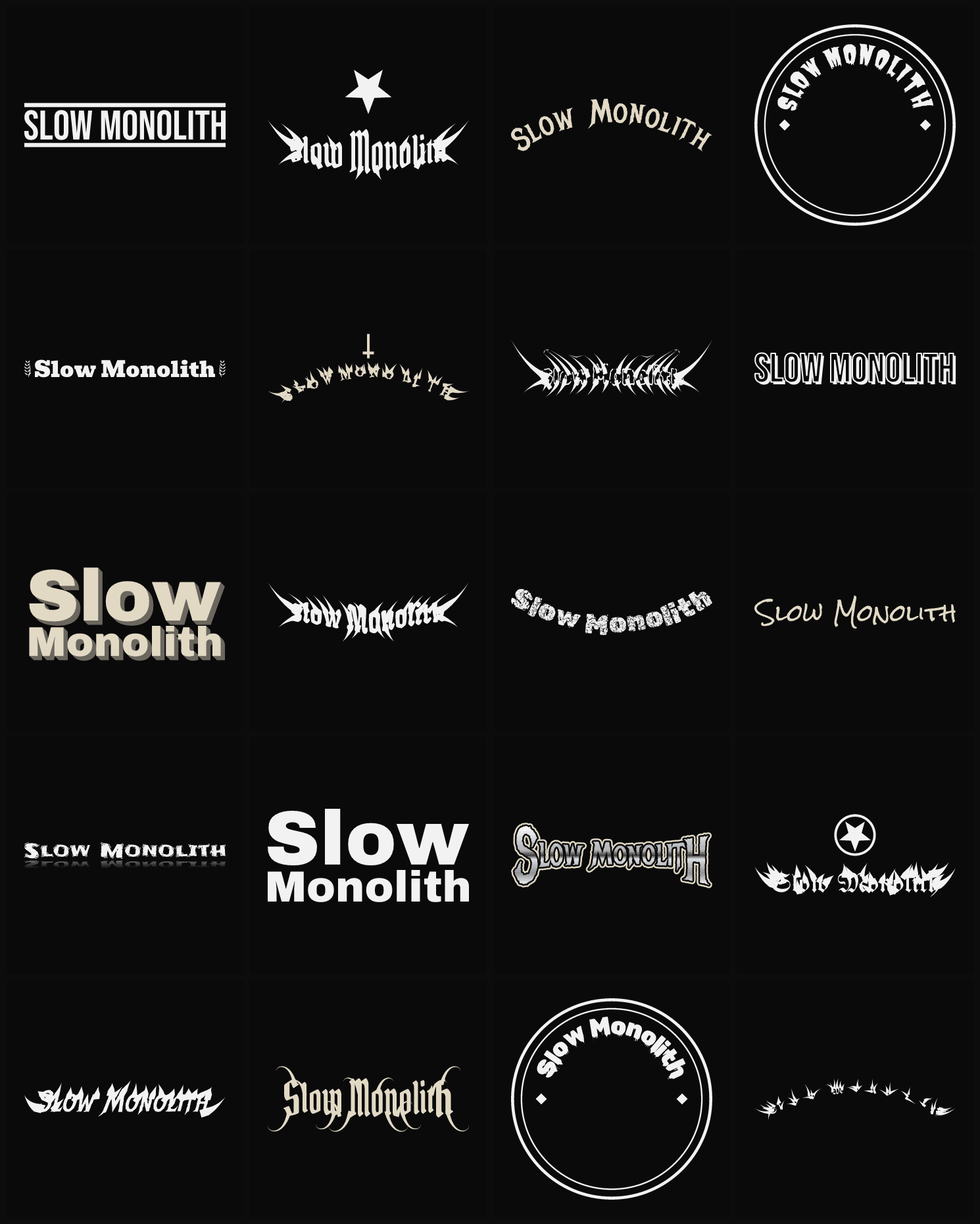 Twenty Slow Monolith band logo ideas — different faces, treatments and spike settings