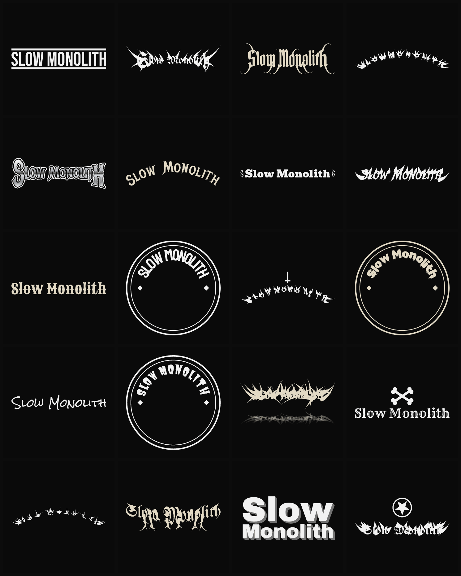 Twenty Slow Monolith band logo ideas — different faces, treatments and spike settings