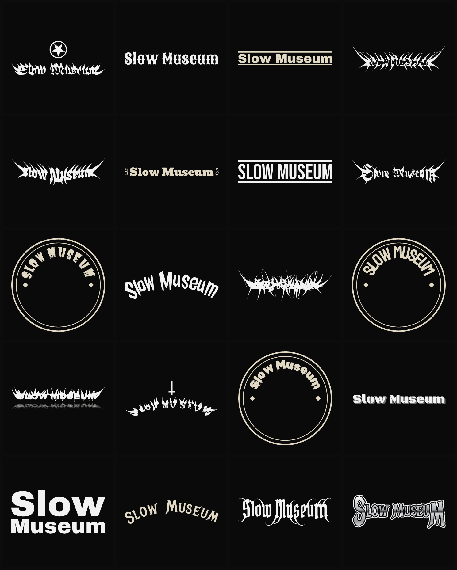 Twenty Slow Museum band logo ideas — different faces, treatments and spike settings