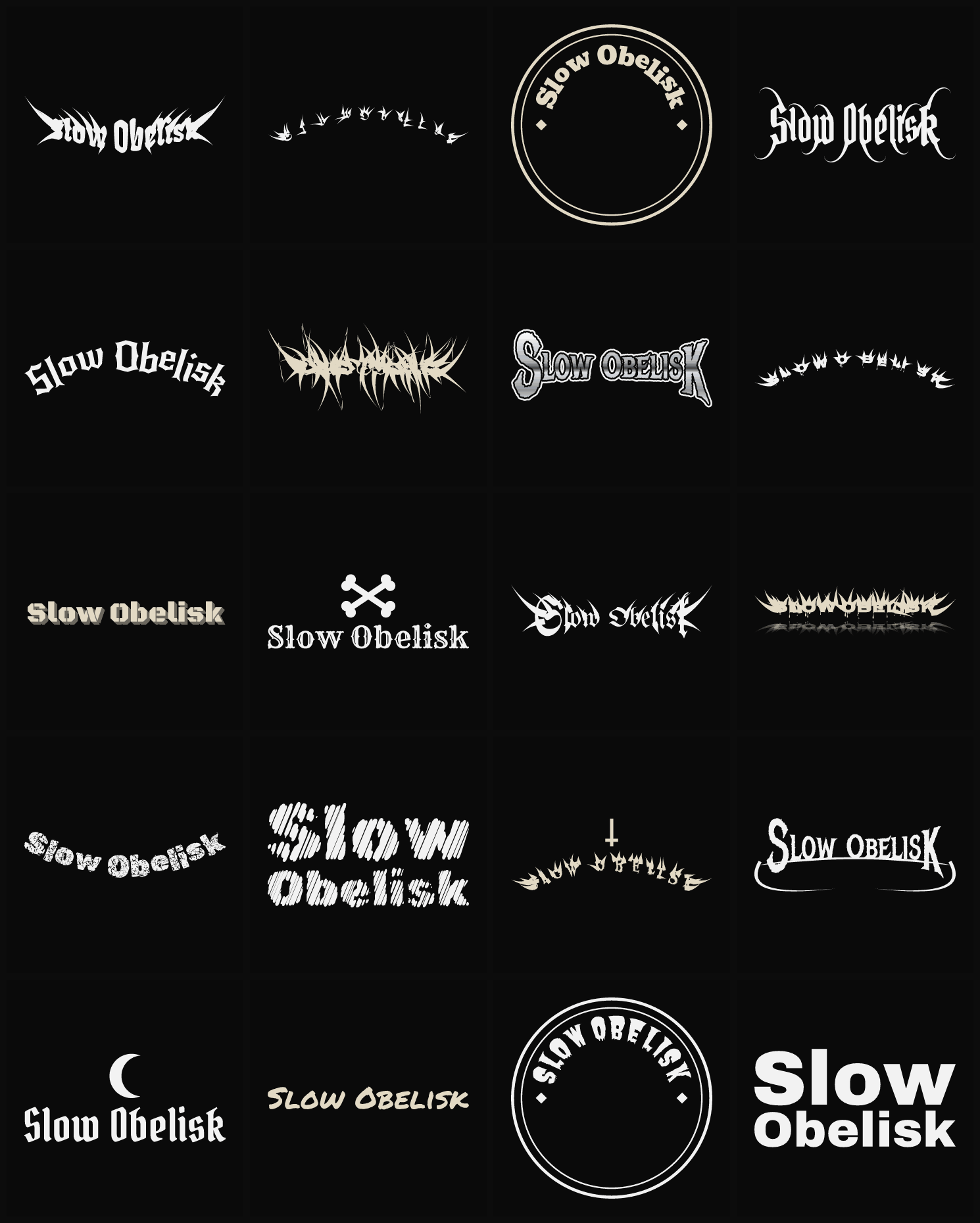Twenty Slow Obelisk band logo ideas — different faces, treatments and spike settings
