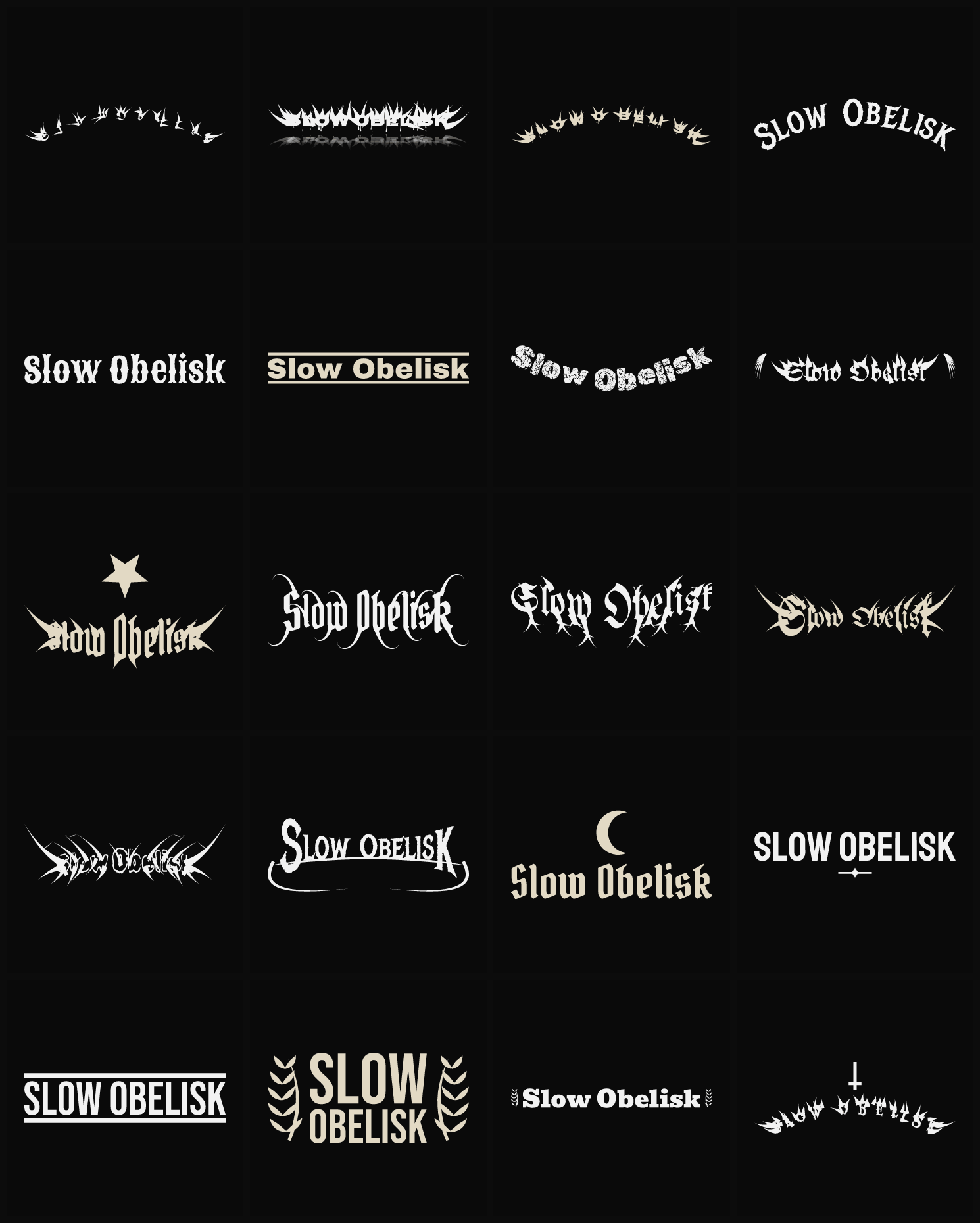 Twenty Slow Obelisk band logo ideas — different faces, treatments and spike settings