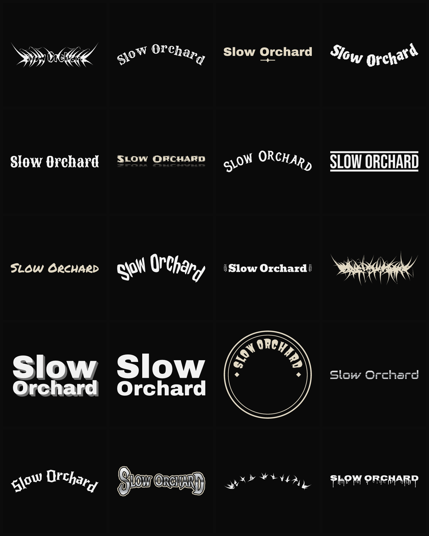 Twenty Slow Orchard band logo ideas — different faces, treatments and spike settings