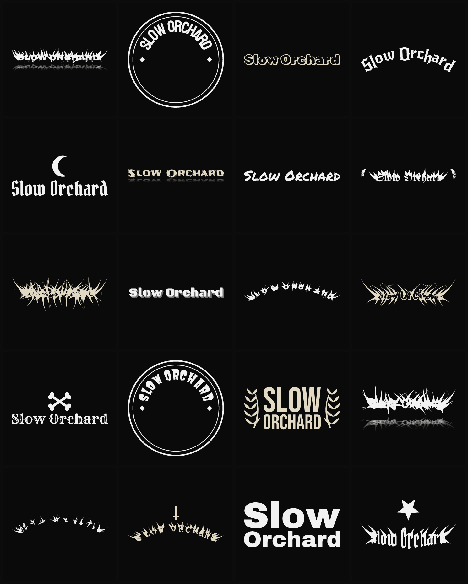 Twenty Slow Orchard band logo ideas — different faces, treatments and spike settings