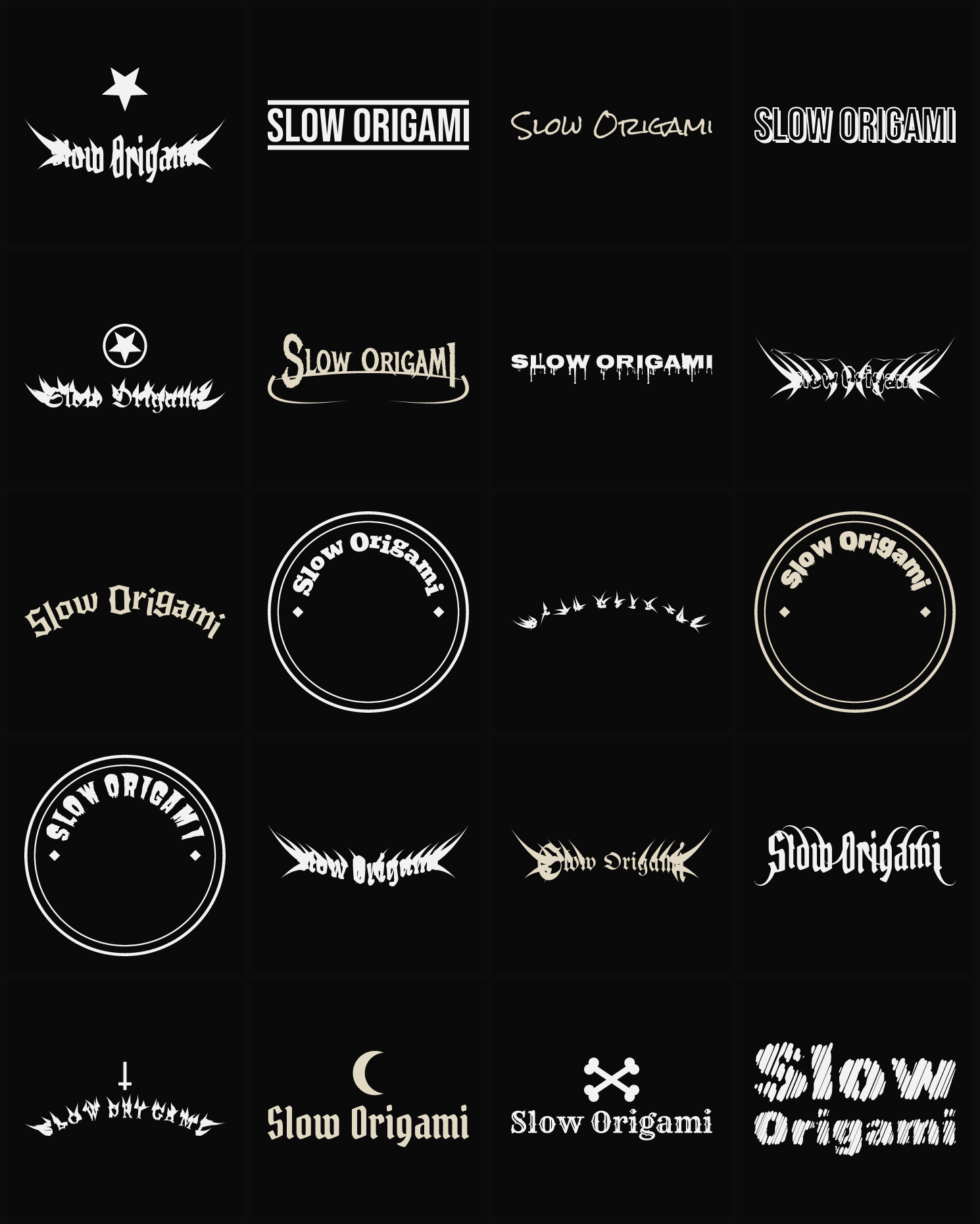 Twenty Slow Origami band logo ideas — different faces, treatments and spike settings
