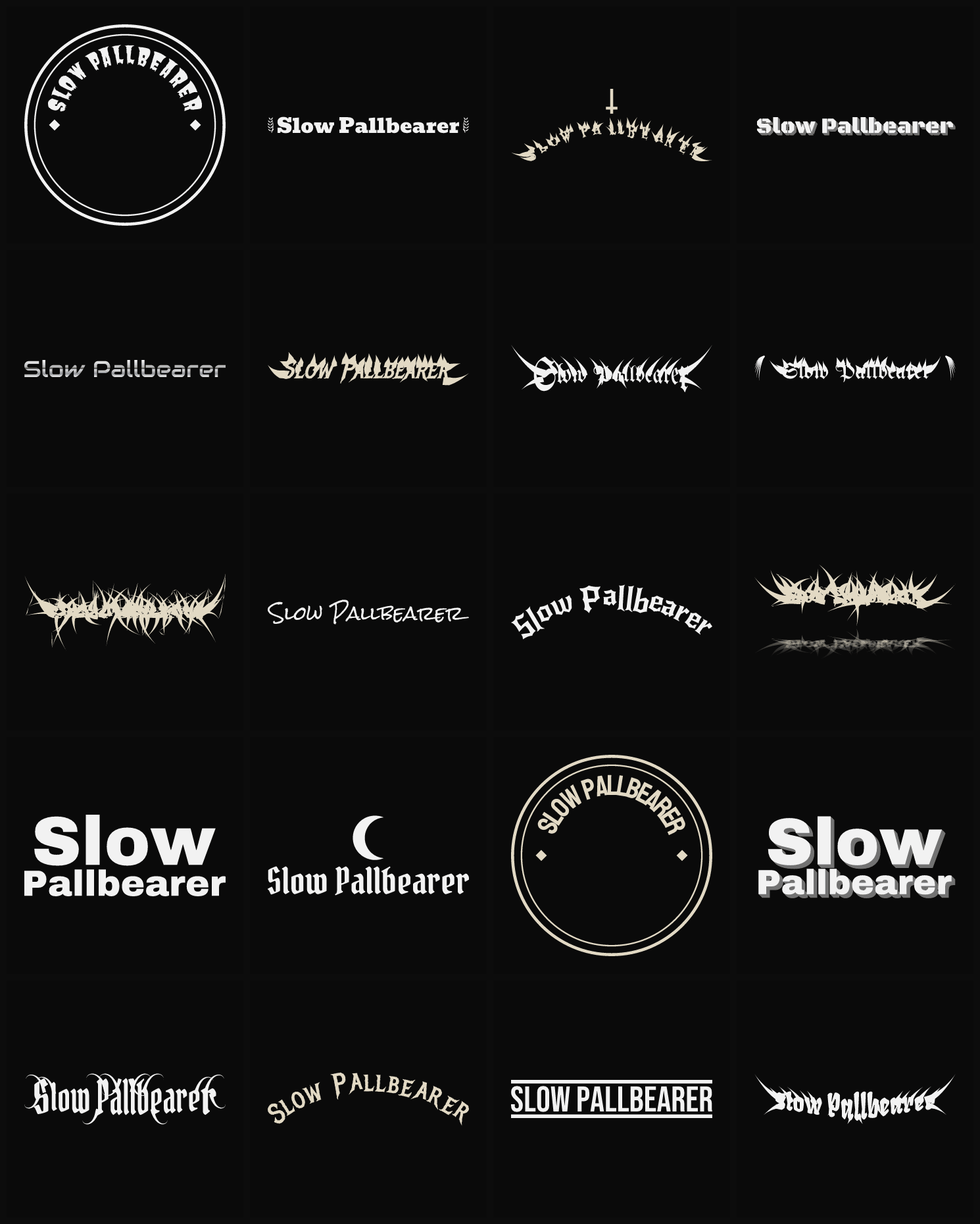 Twenty Slow Pallbearer band logo ideas — different faces, treatments and spike settings