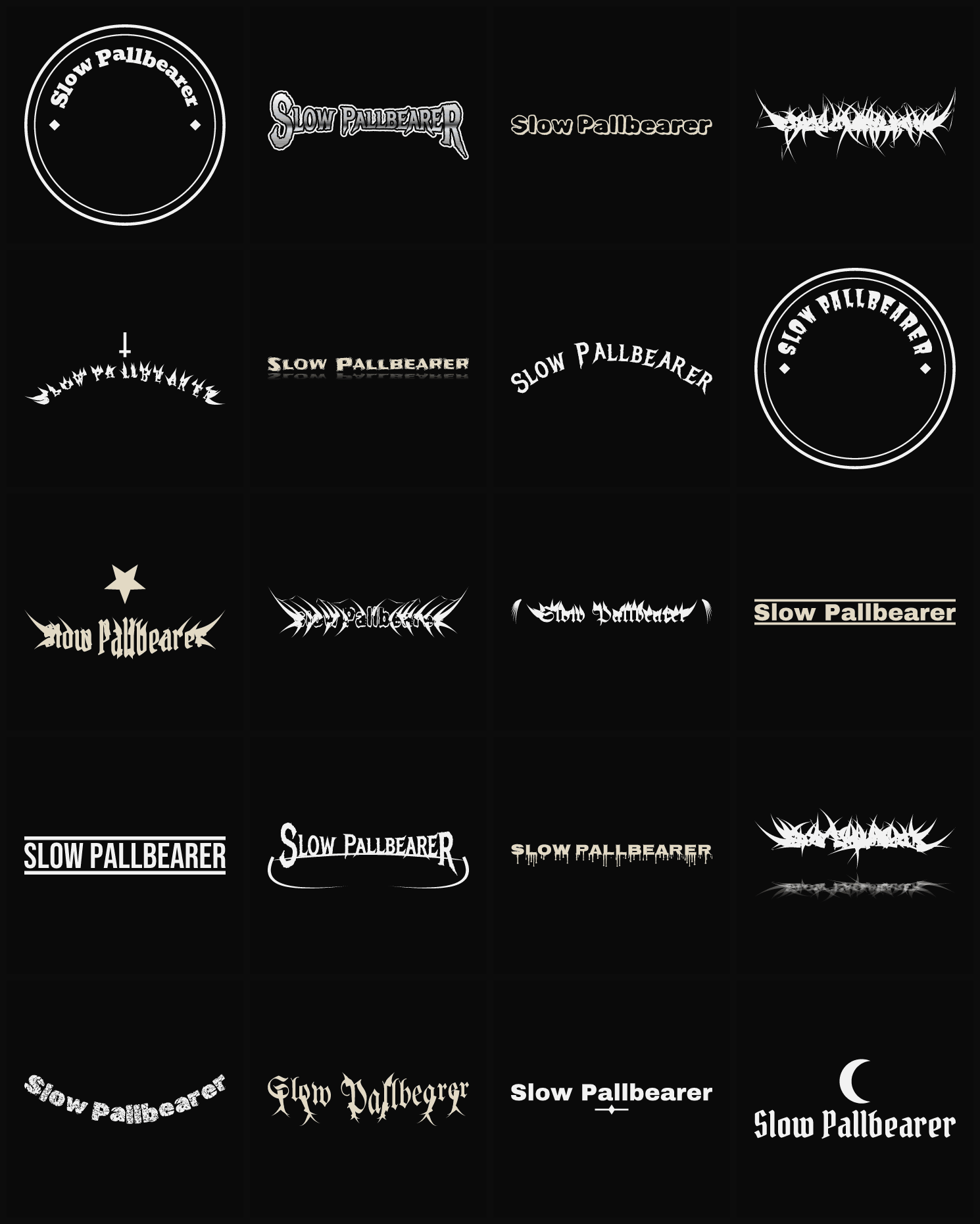 Twenty Slow Pallbearer band logo ideas — different faces, treatments and spike settings