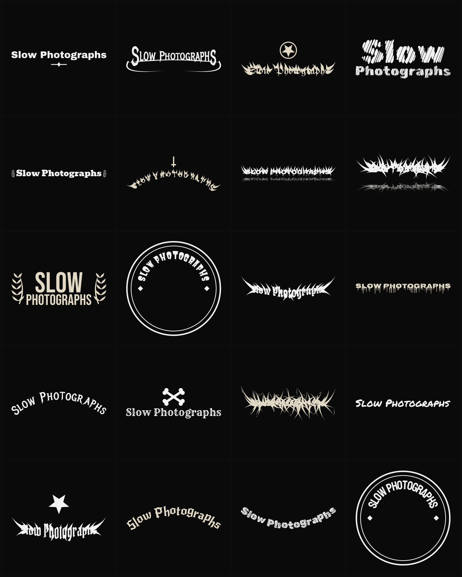 Twenty Slow Photographs band logo ideas — different faces, treatments and spike settings