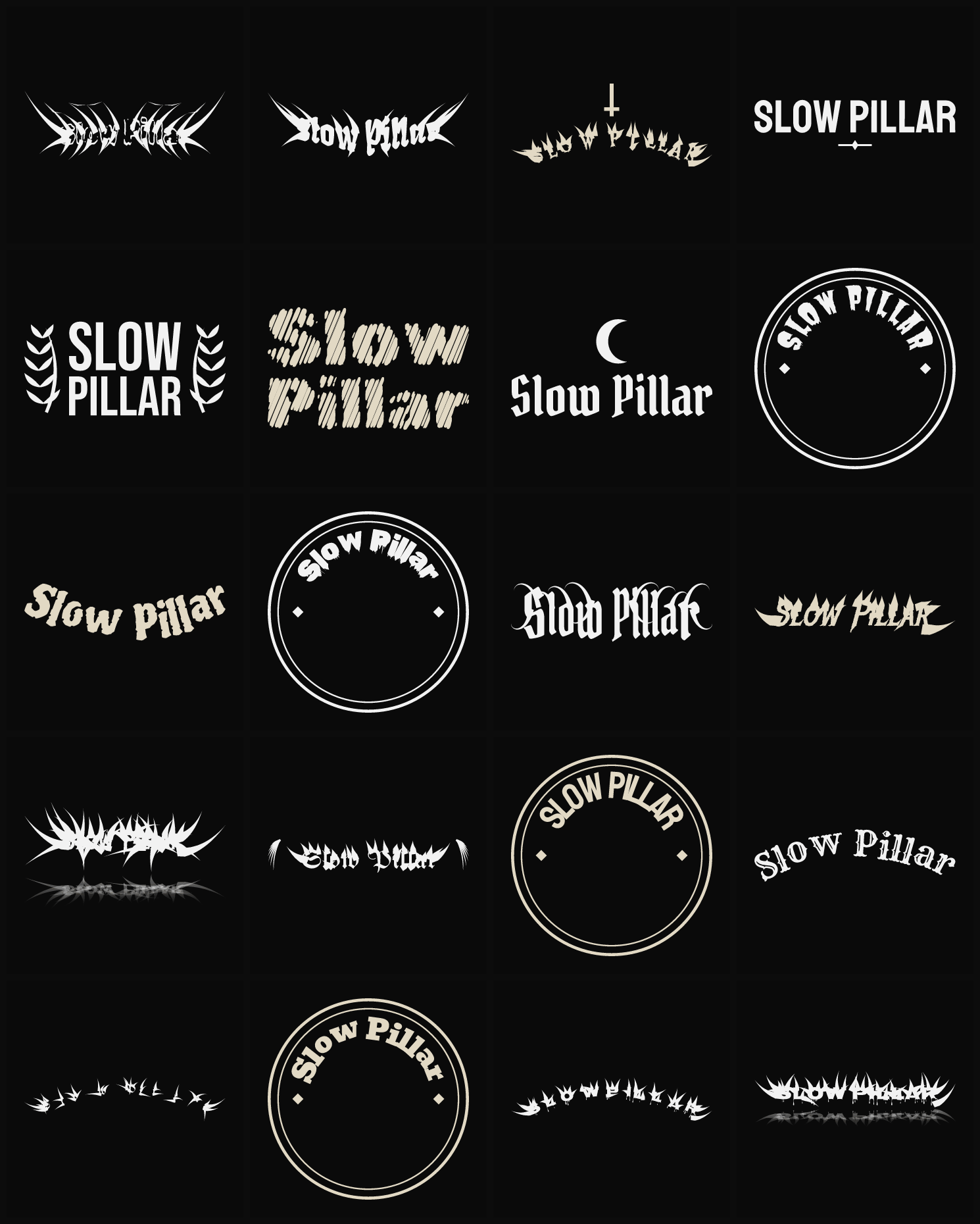Twenty Slow Pillar band logo ideas — different faces, treatments and spike settings