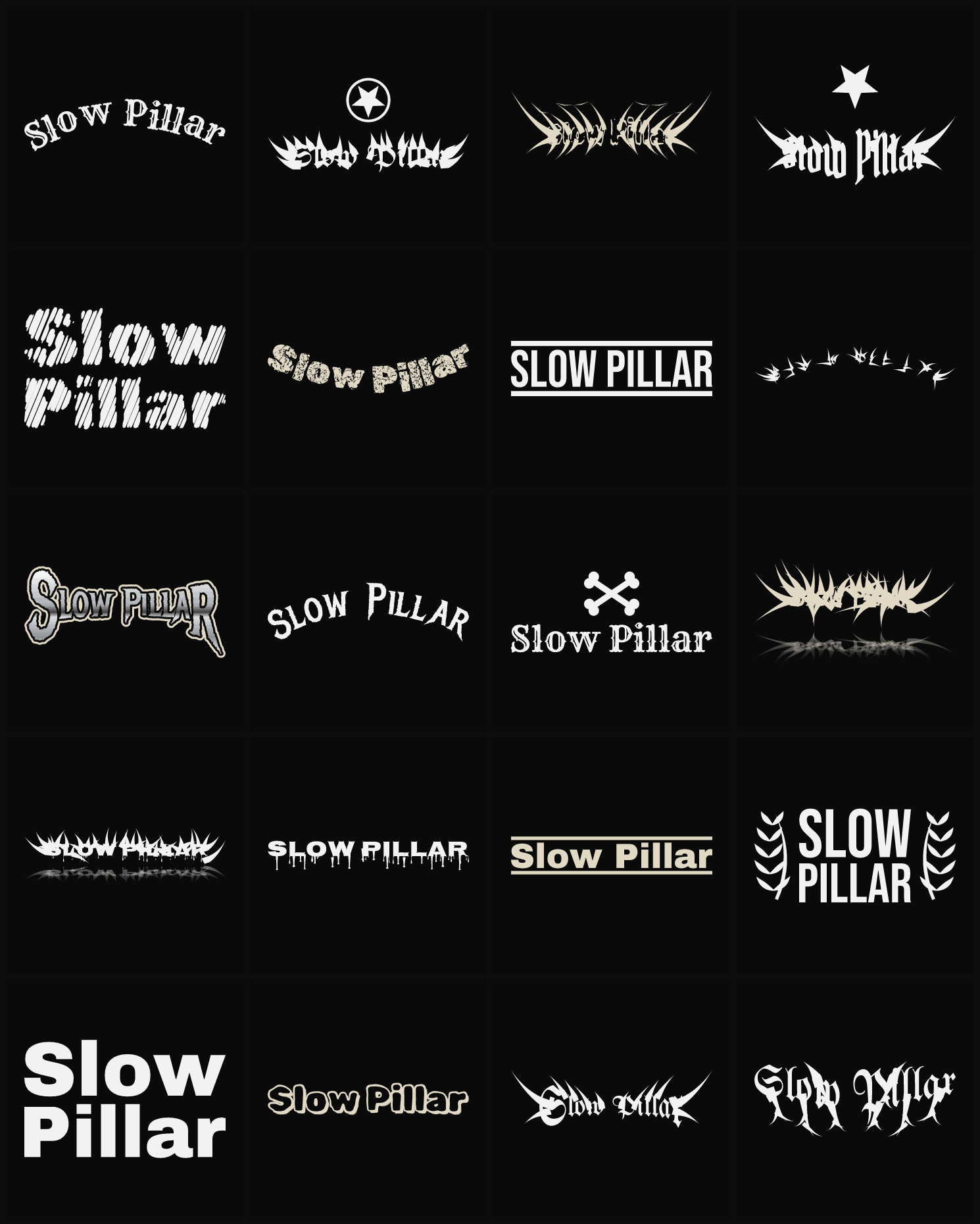 Twenty Slow Pillar band logo ideas — different faces, treatments and spike settings