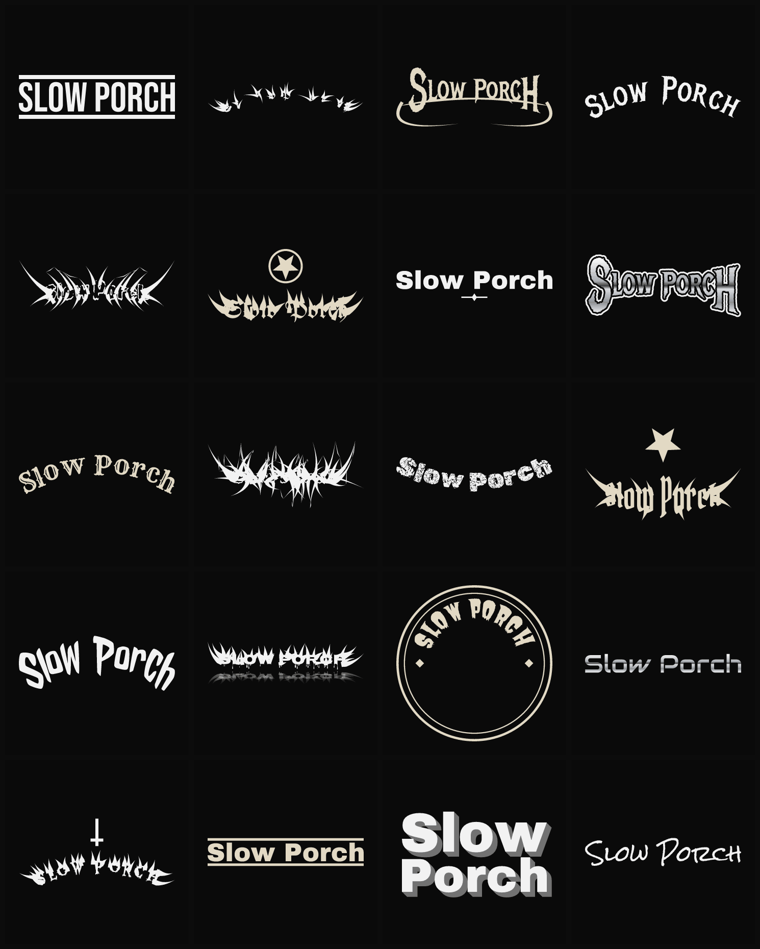 Twenty Slow Porch band logo ideas — different faces, treatments and spike settings