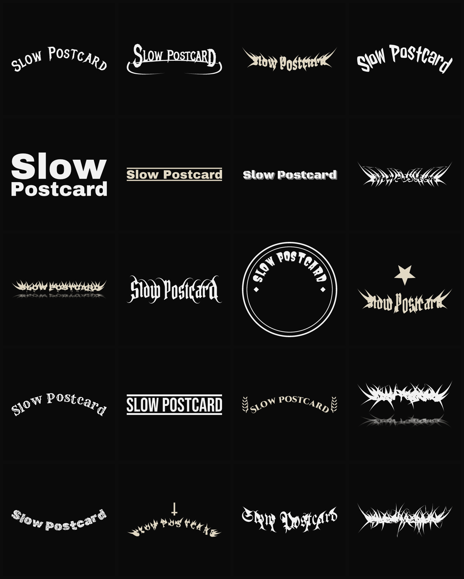 Twenty Slow Postcard band logo ideas — different faces, treatments and spike settings