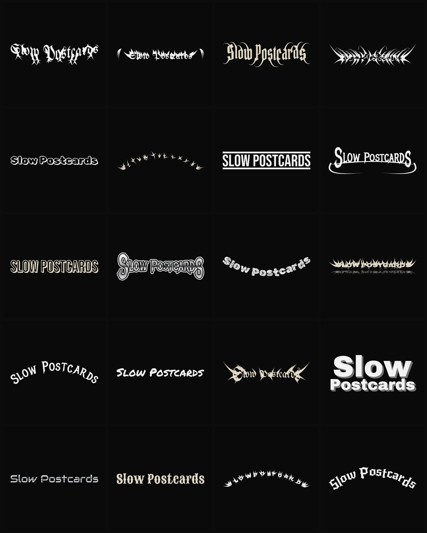 Twenty Slow Postcards band logo ideas — different faces, treatments and spike settings