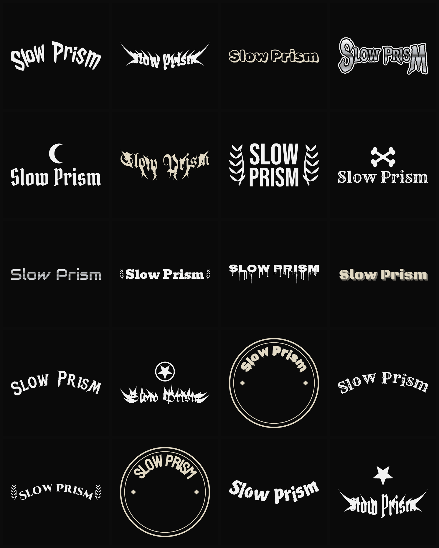 Twenty Slow Prism band logo ideas — different faces, treatments and spike settings