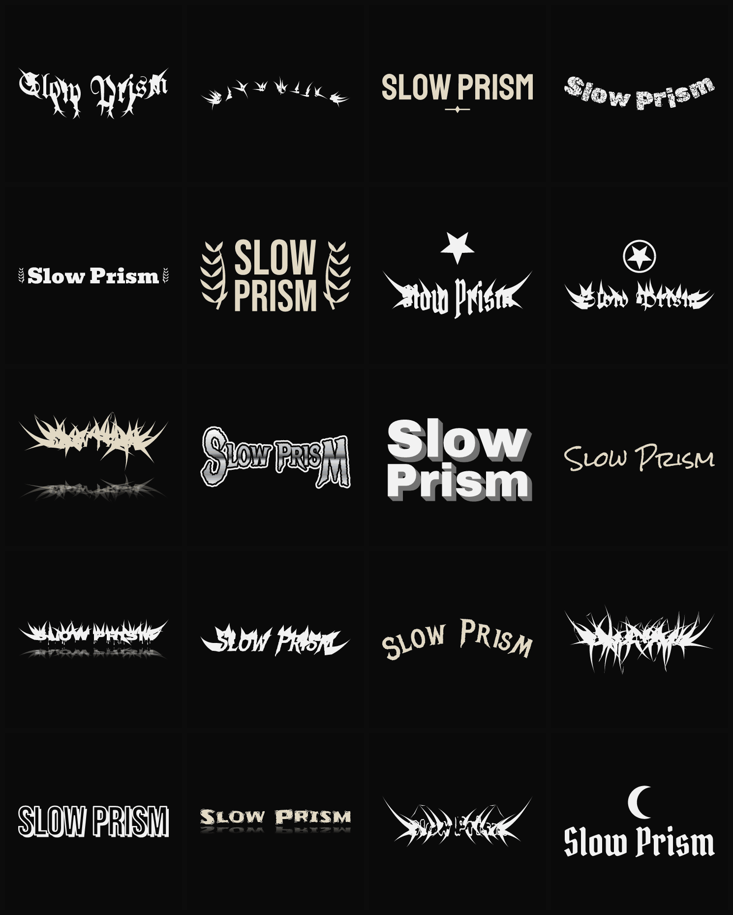 Twenty Slow Prism band logo ideas — different faces, treatments and spike settings