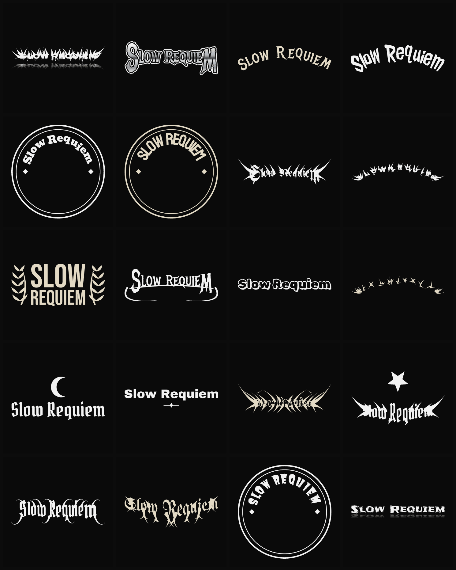 Twenty Slow Requiem band logo ideas — different faces, treatments and spike settings