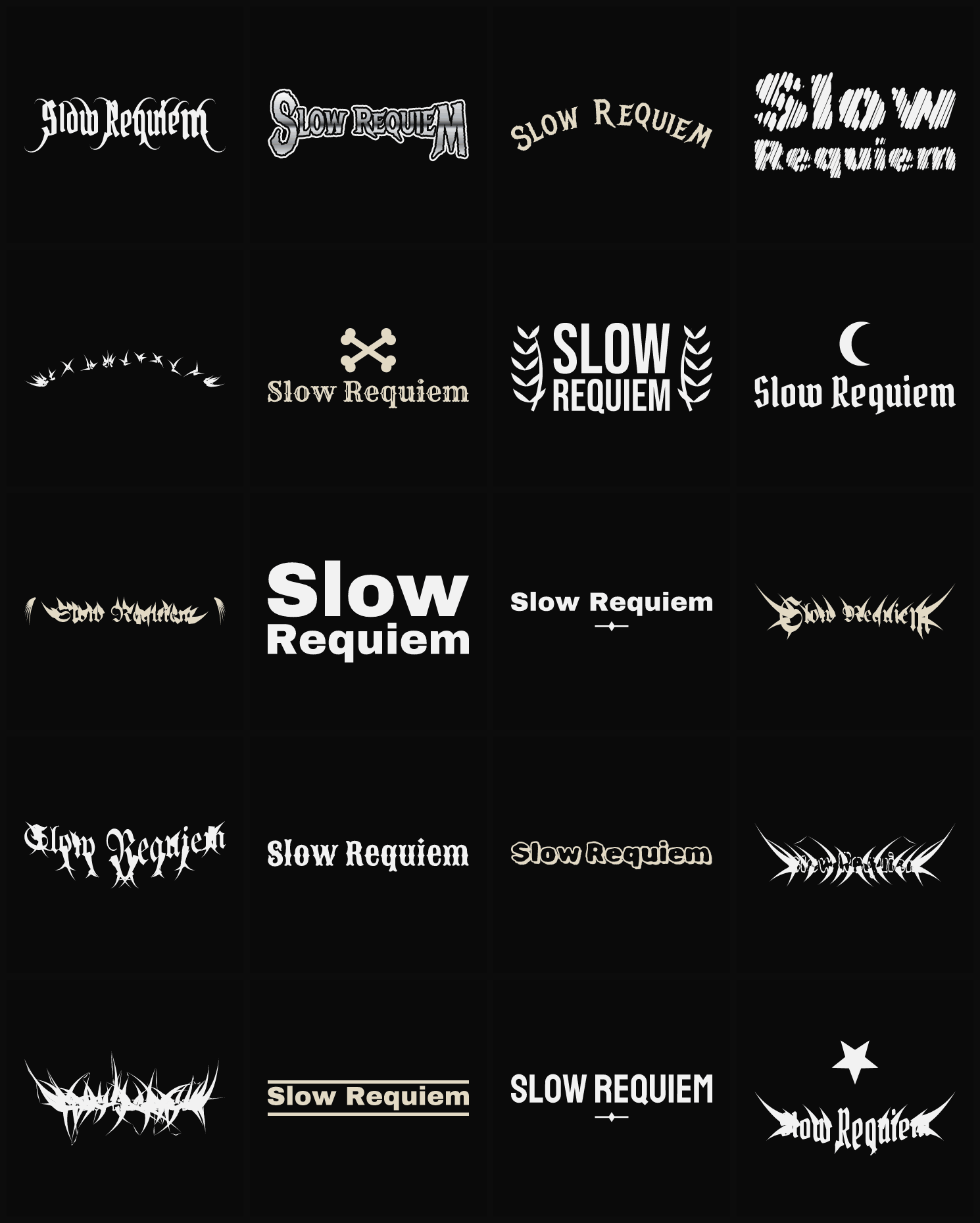 Twenty Slow Requiem band logo ideas — different faces, treatments and spike settings