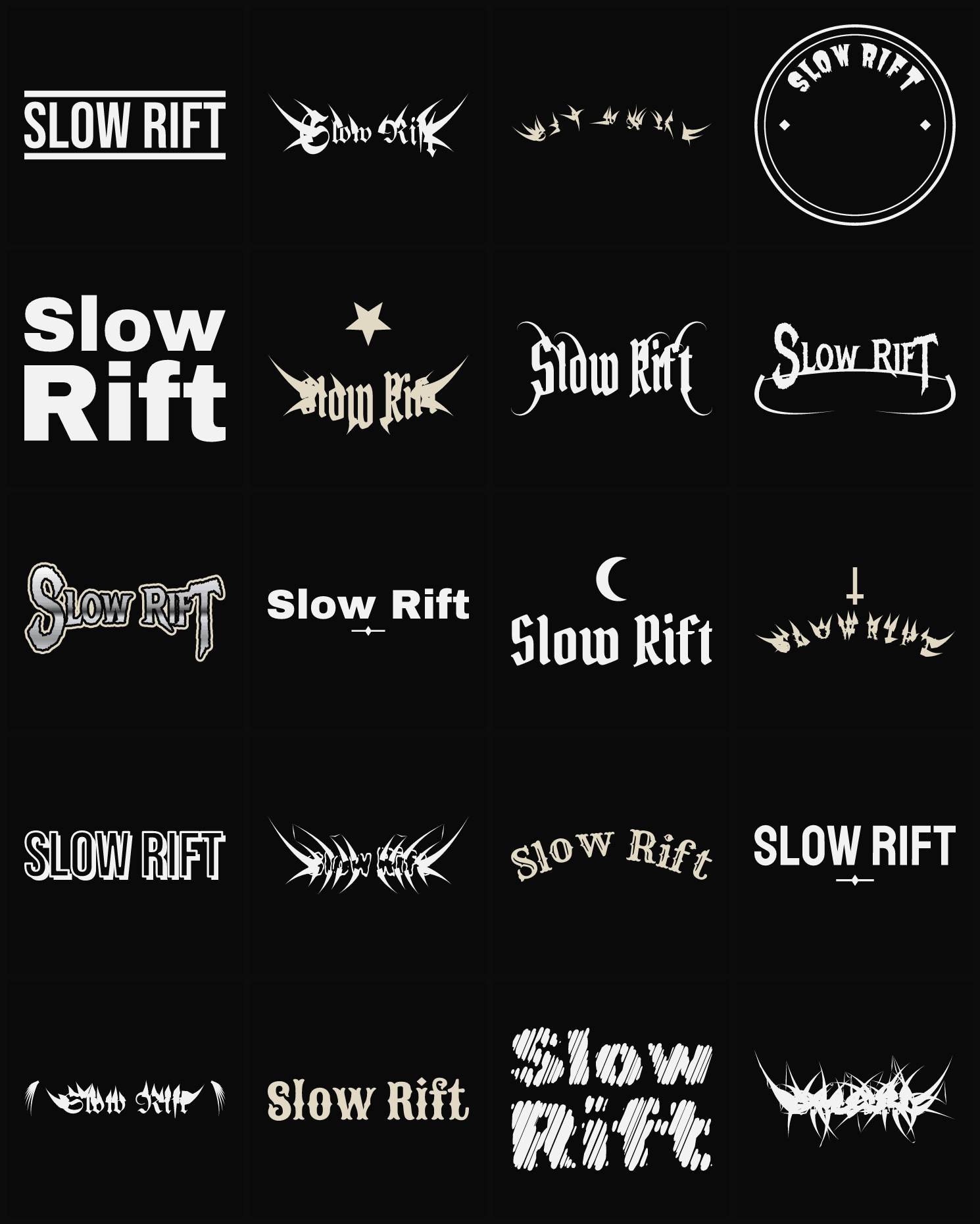 Twenty Slow Rift band logo ideas — different faces, treatments and spike settings