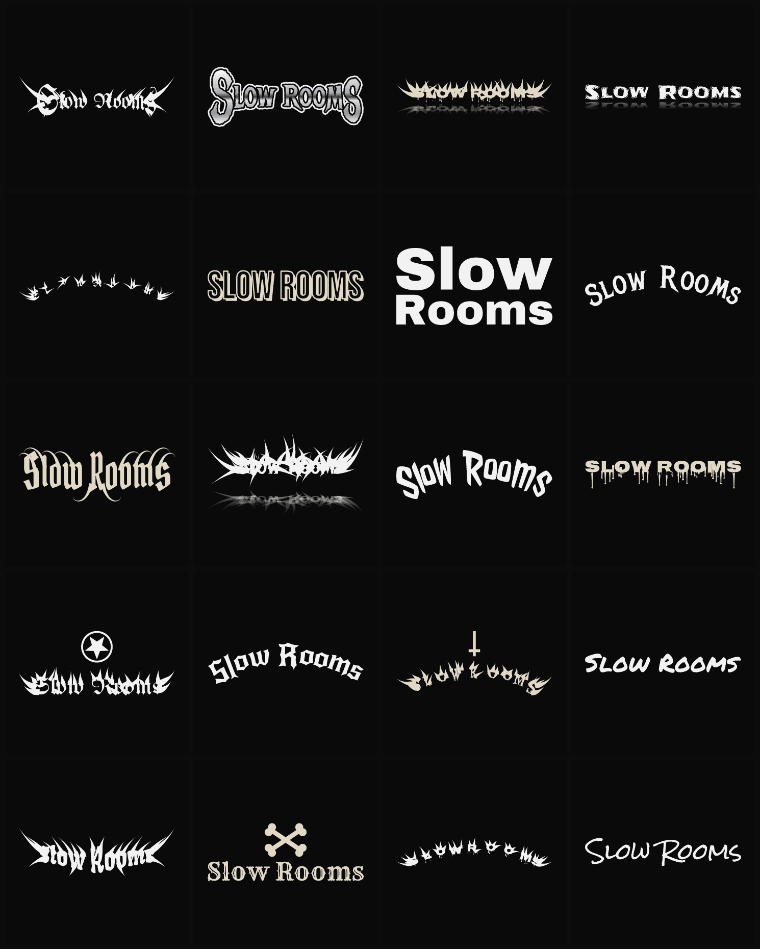 Twenty Slow Rooms band logo ideas — different faces, treatments and spike settings