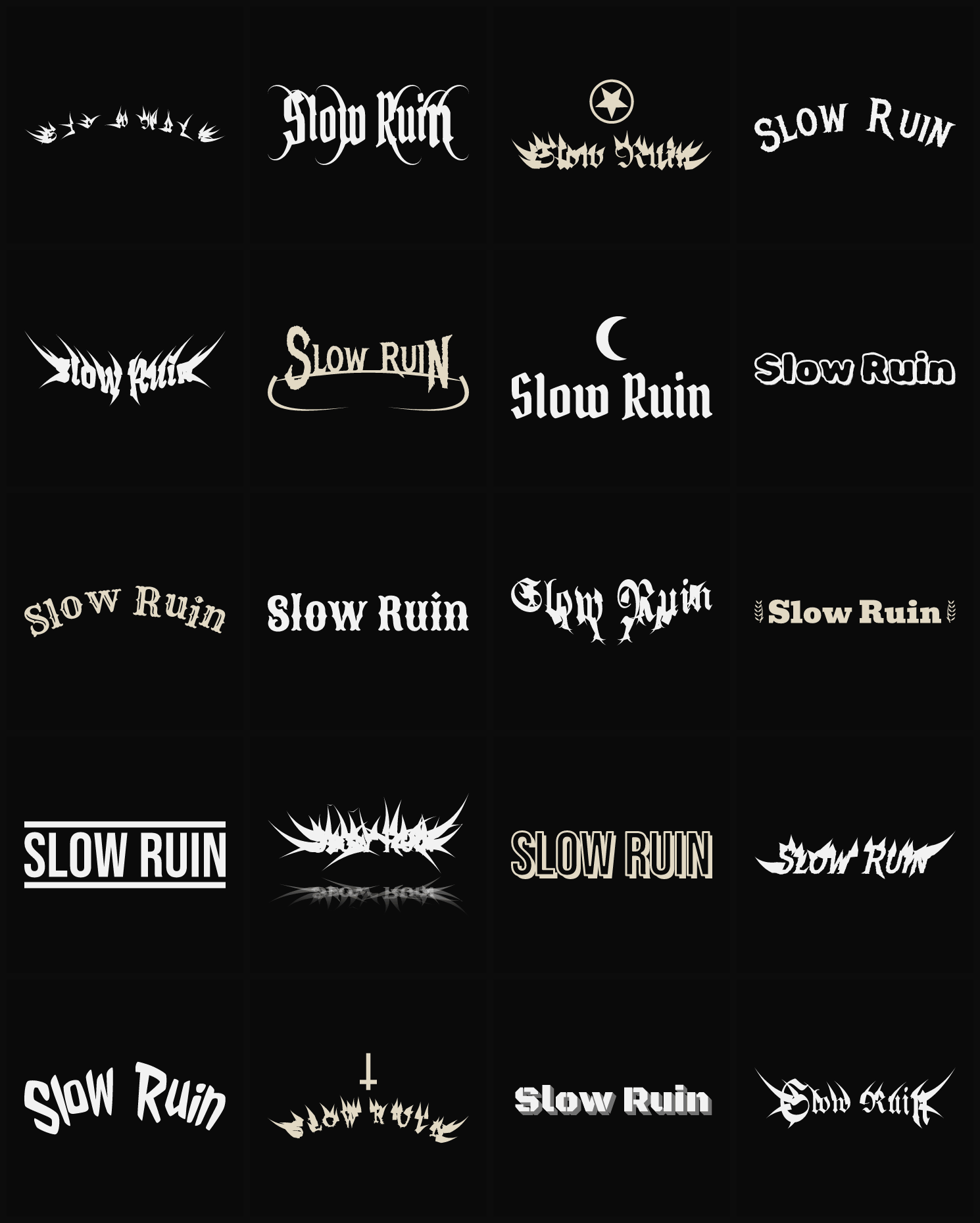 Twenty Slow Ruin band logo ideas — different faces, treatments and spike settings